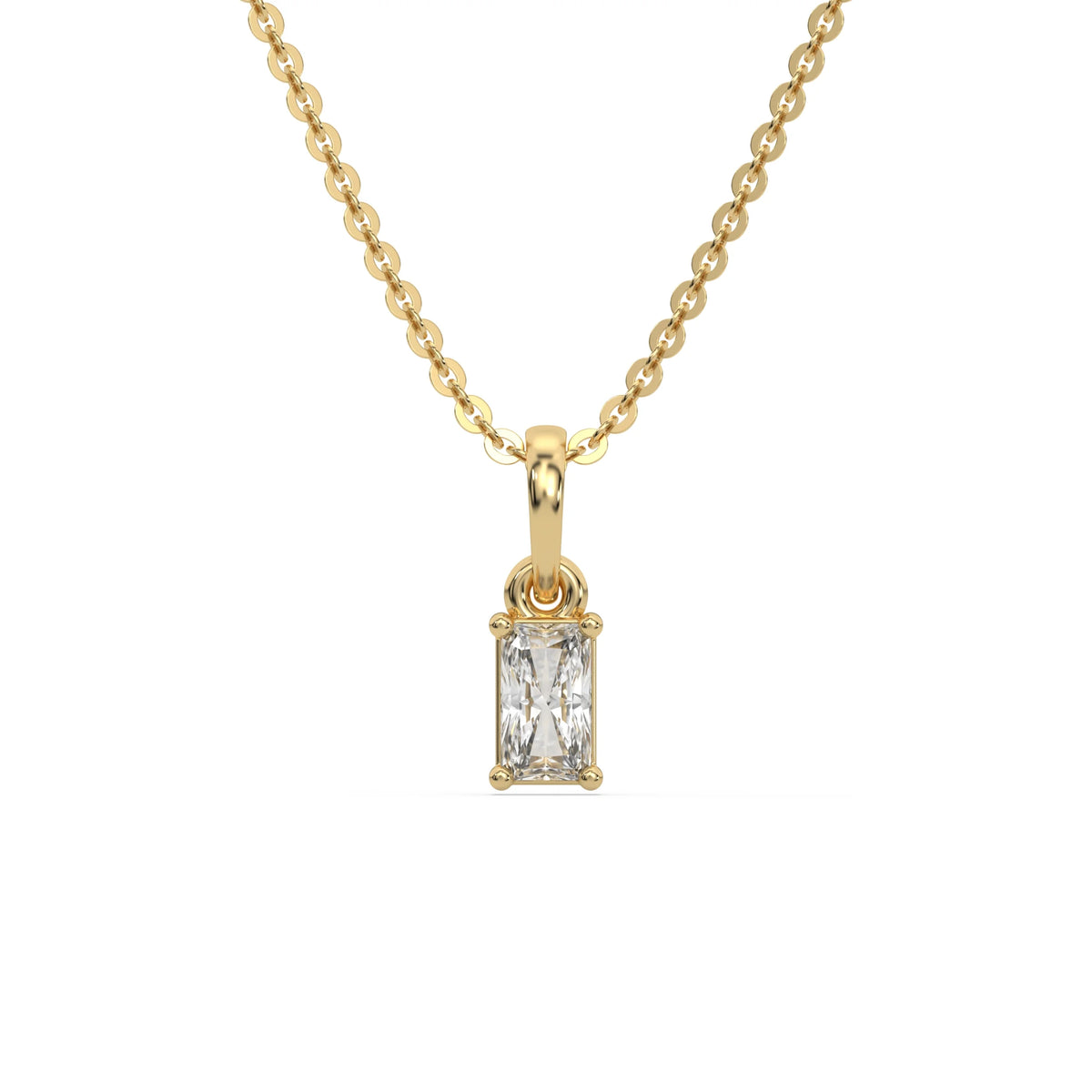 Elegant prong-set radiant diamond necklace with a solitaire pendant, available in classic yellow gold with a white background.