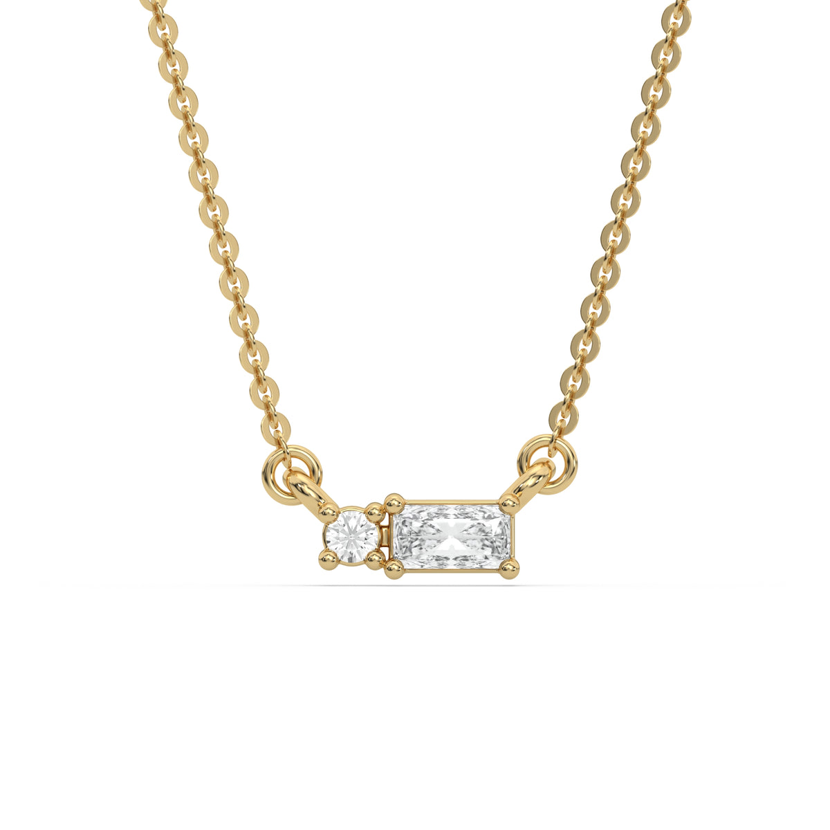 This yellow gold Cluster Diamond Necklace made with radiant and round diamonds, positioned right next to each other and securely set in prong setting in top view