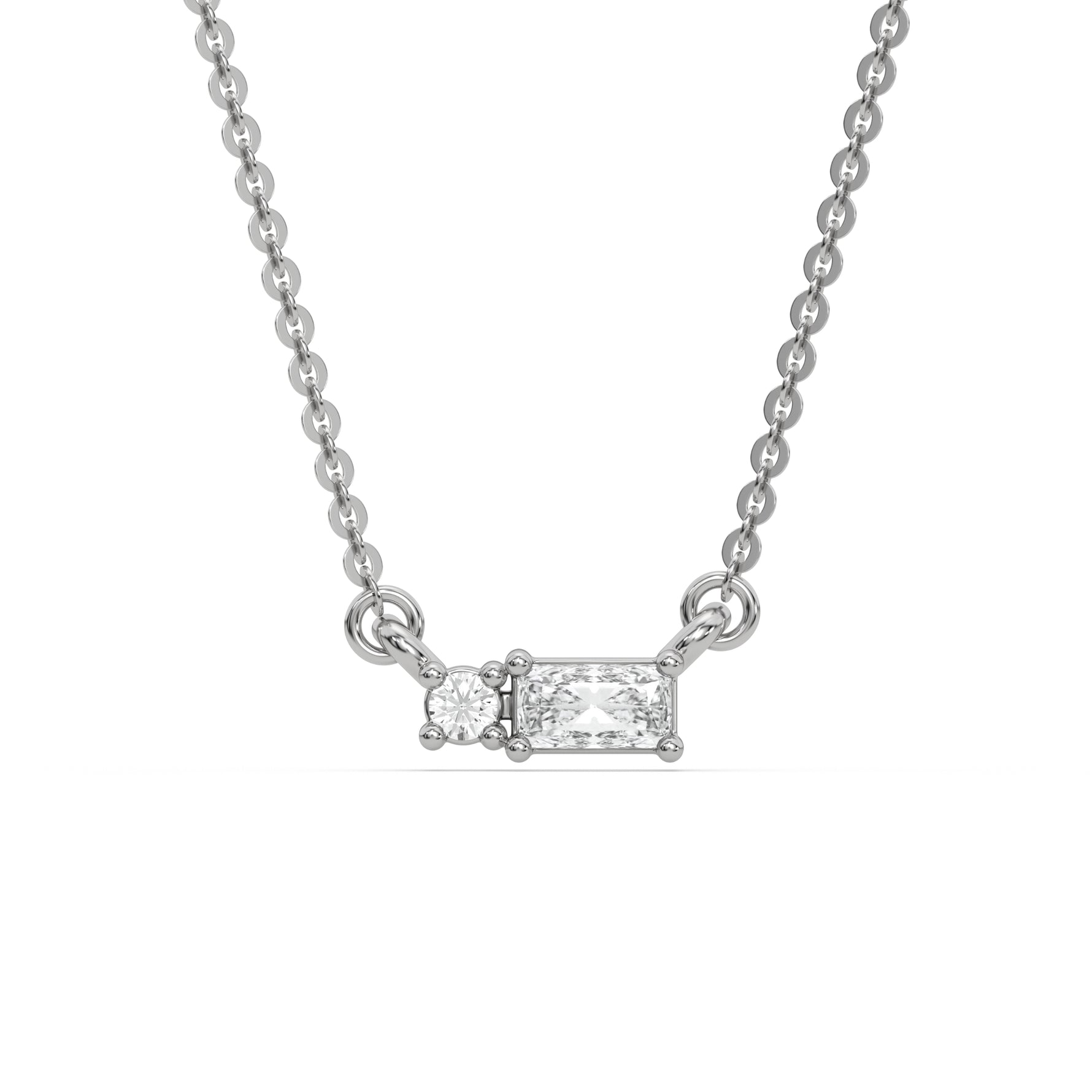 This white gold Cluster Diamond Necklace made with radiant and round diamonds, positioned right next to each other and securely set in prong setting in top view