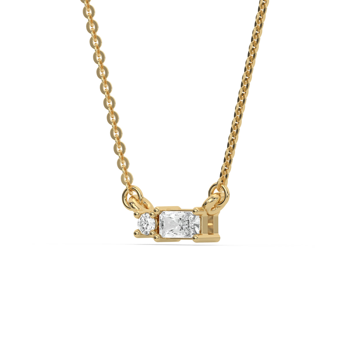 This yellow gold Cluster Diamond Necklace made with radiant and round diamonds, positioned right next to each other and securely set in prong setting in side view