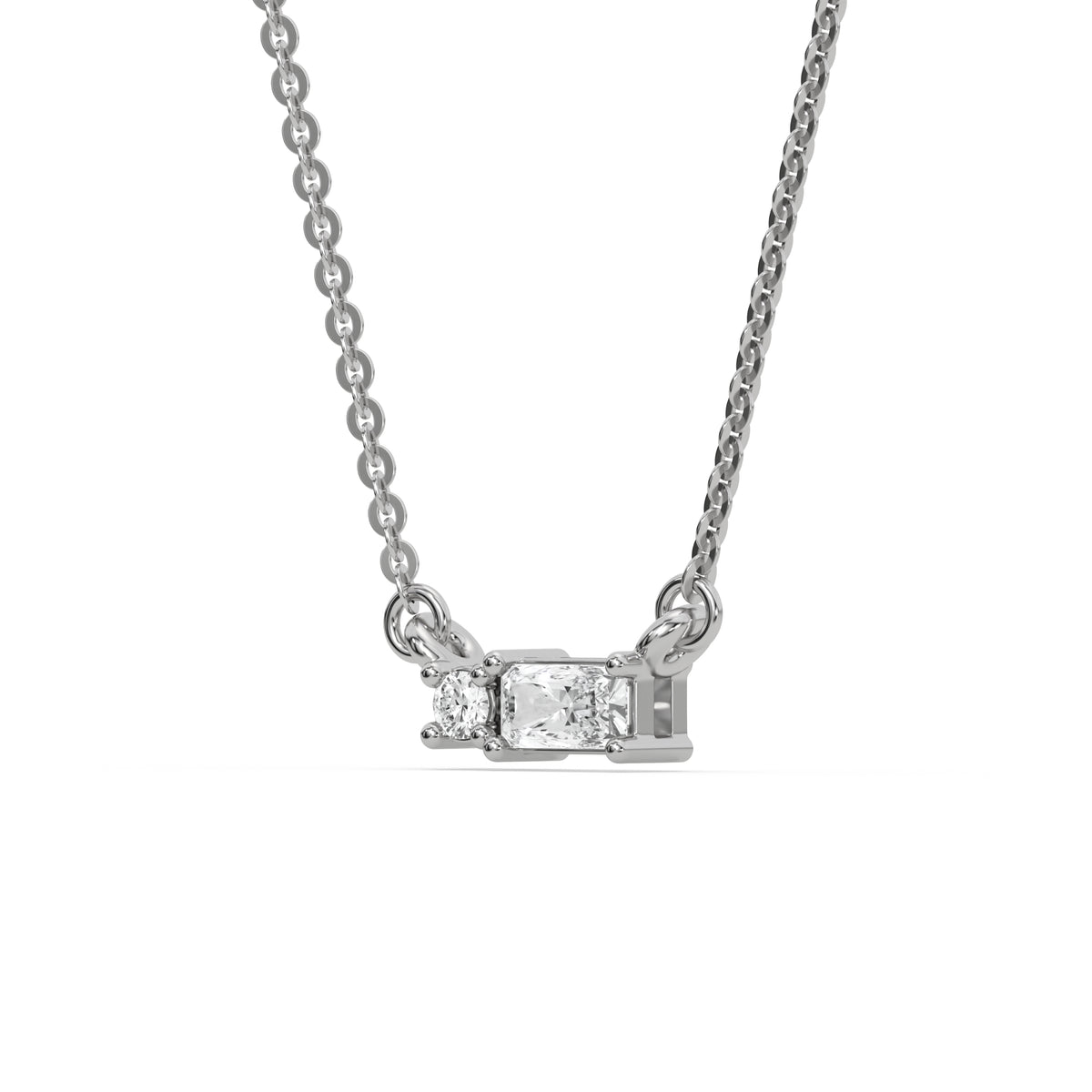 This white gold Cluster Diamond Necklace made with radiant and round diamonds, positioned right next to each other and securely set in prong setting in side view