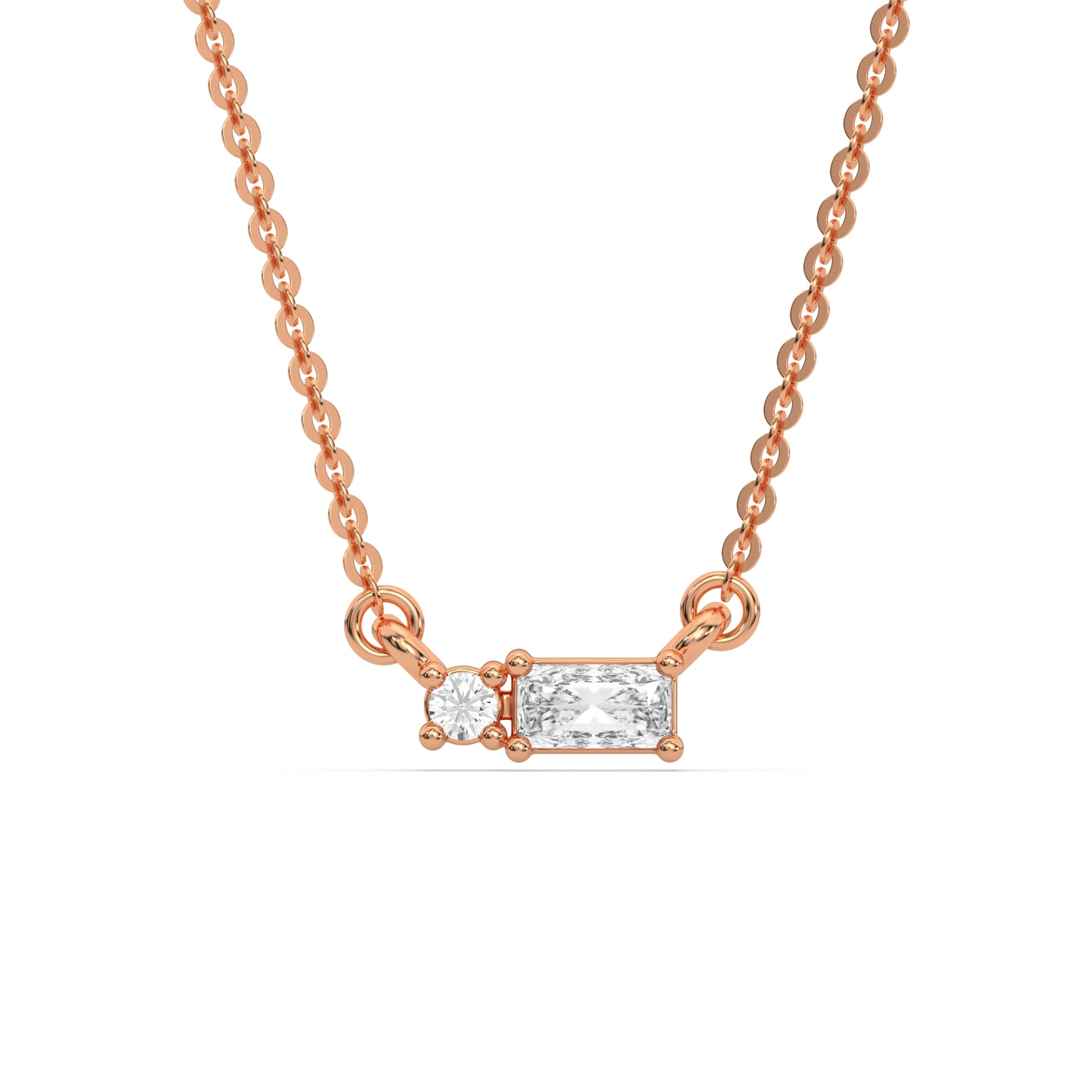 This rose gold Cluster Diamond Necklace made with radiant and round diamonds, positioned right next to each other and securely set in prong setting in top view