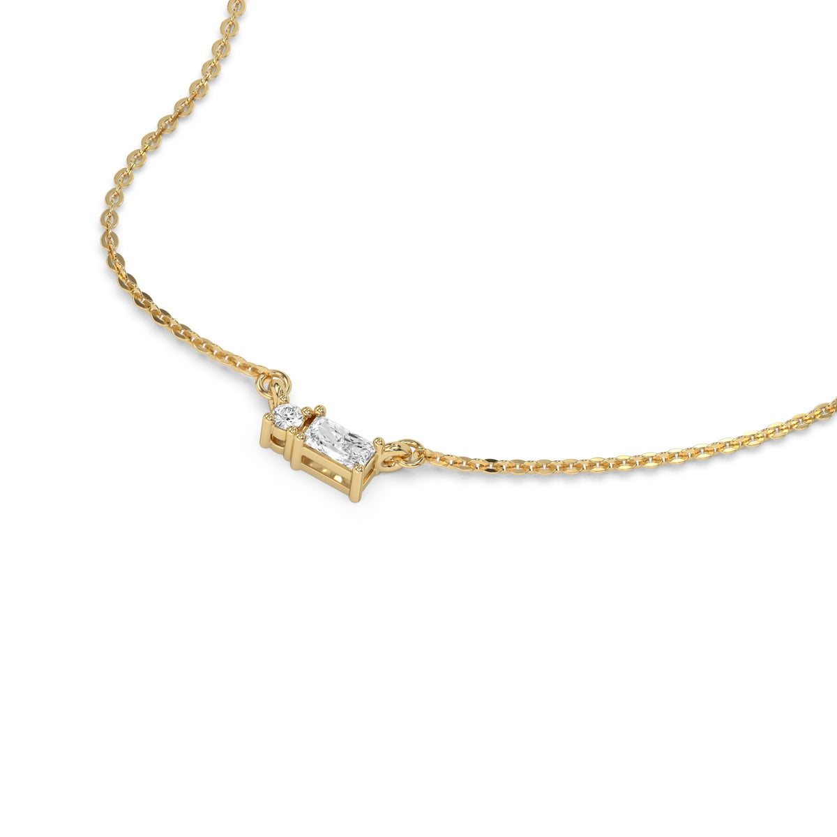 This yellow gold Cluster Diamond Necklace made with radiant and round diamonds, positioned right next to each other and securely set in prong setting in 3d view