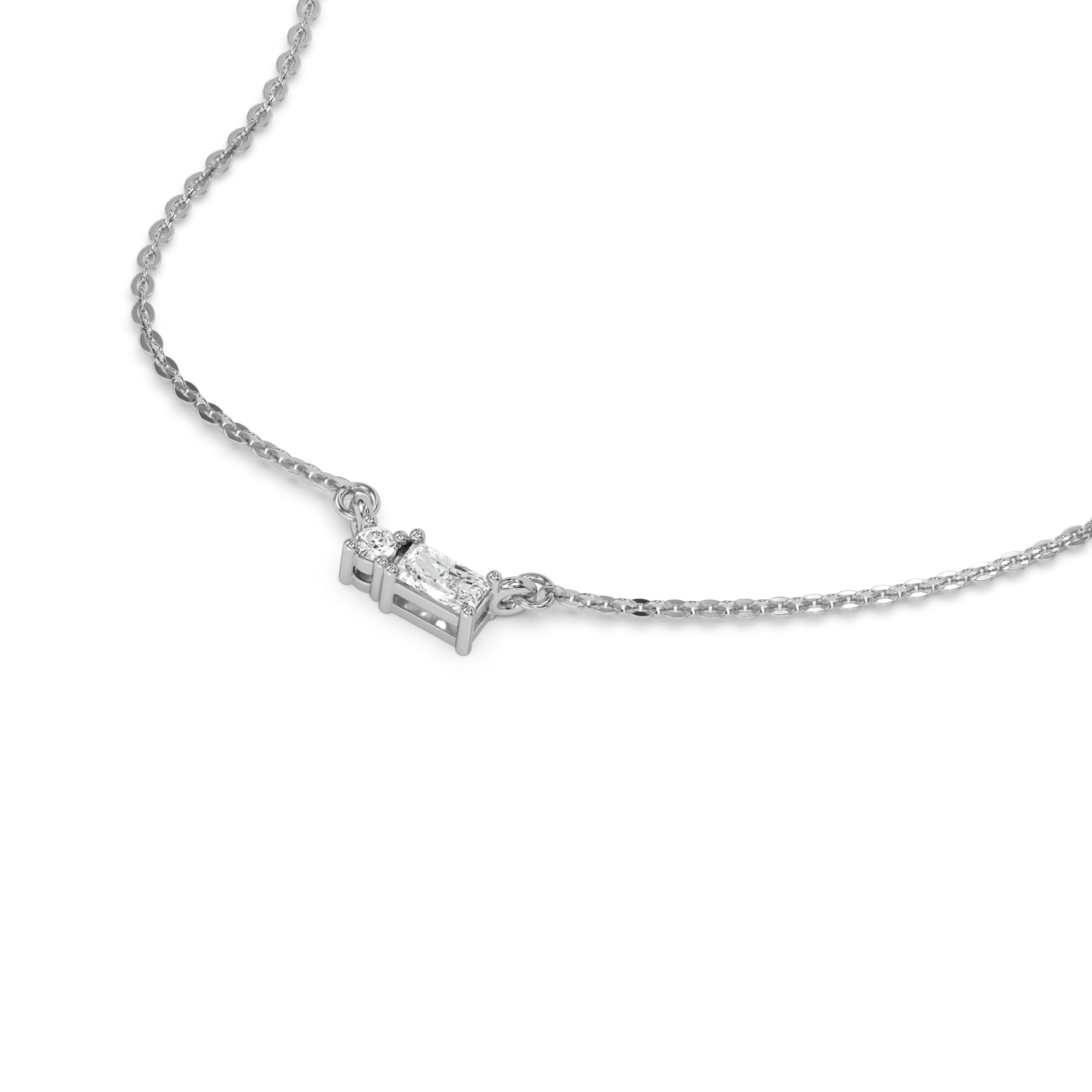 This white gold Cluster Diamond Necklace made with radiant and round diamonds, positioned right next to each other and securely set in prong setting in 3d view