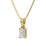 This yellow gold Radiant Solitaire Diamond Necklace made with radiant cut diamond in a four prong setting with adjustable chain in side view