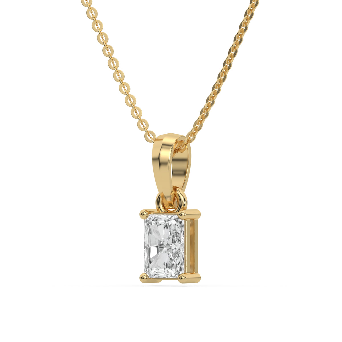 Side-angle view of a 14K yellow gold radiant diamond necklace featuring a prong-set solitaire pendant.