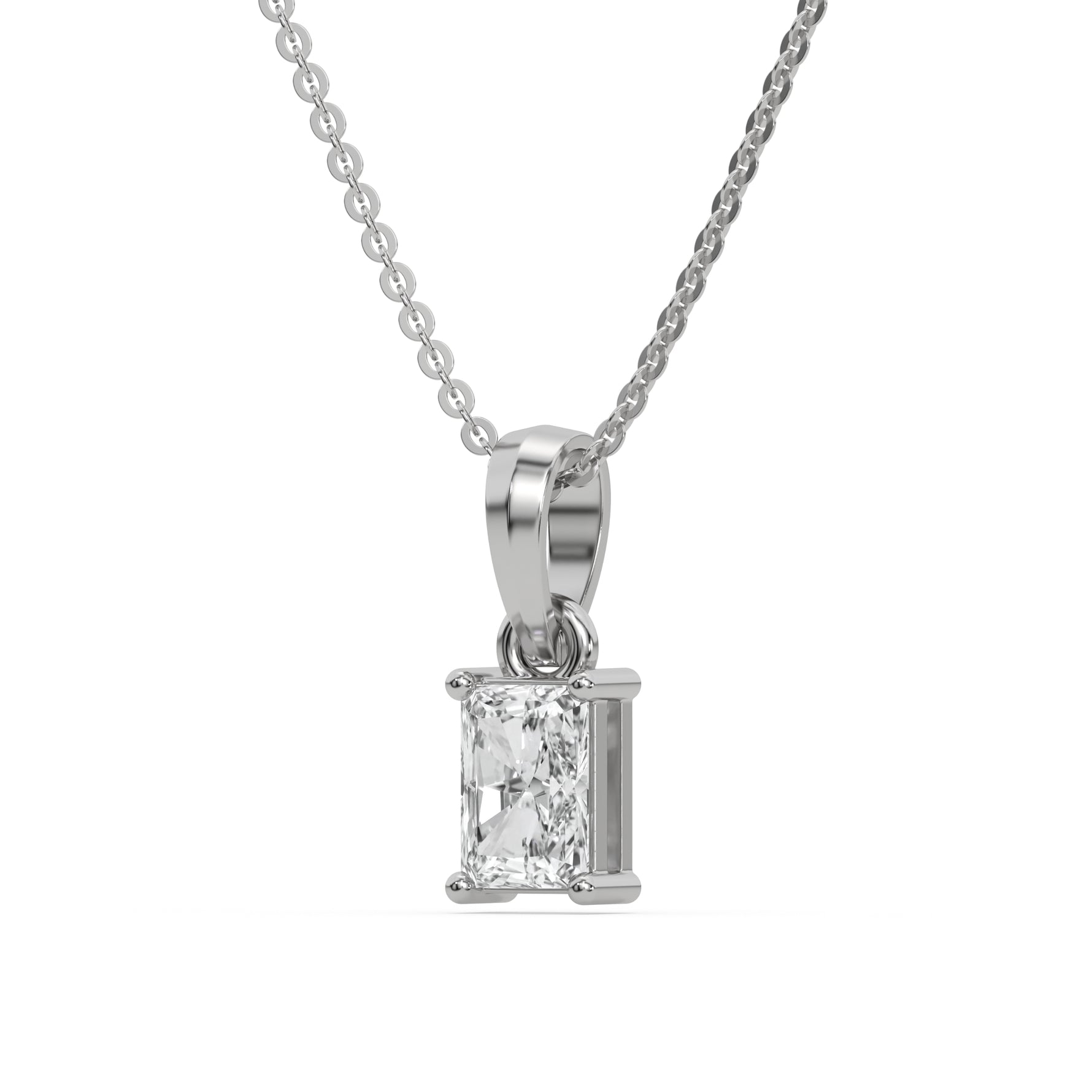 This white gold Radiant Solitaire Diamond Necklace made with radiant cut diamond in a four prong setting with adjustable chain in side view