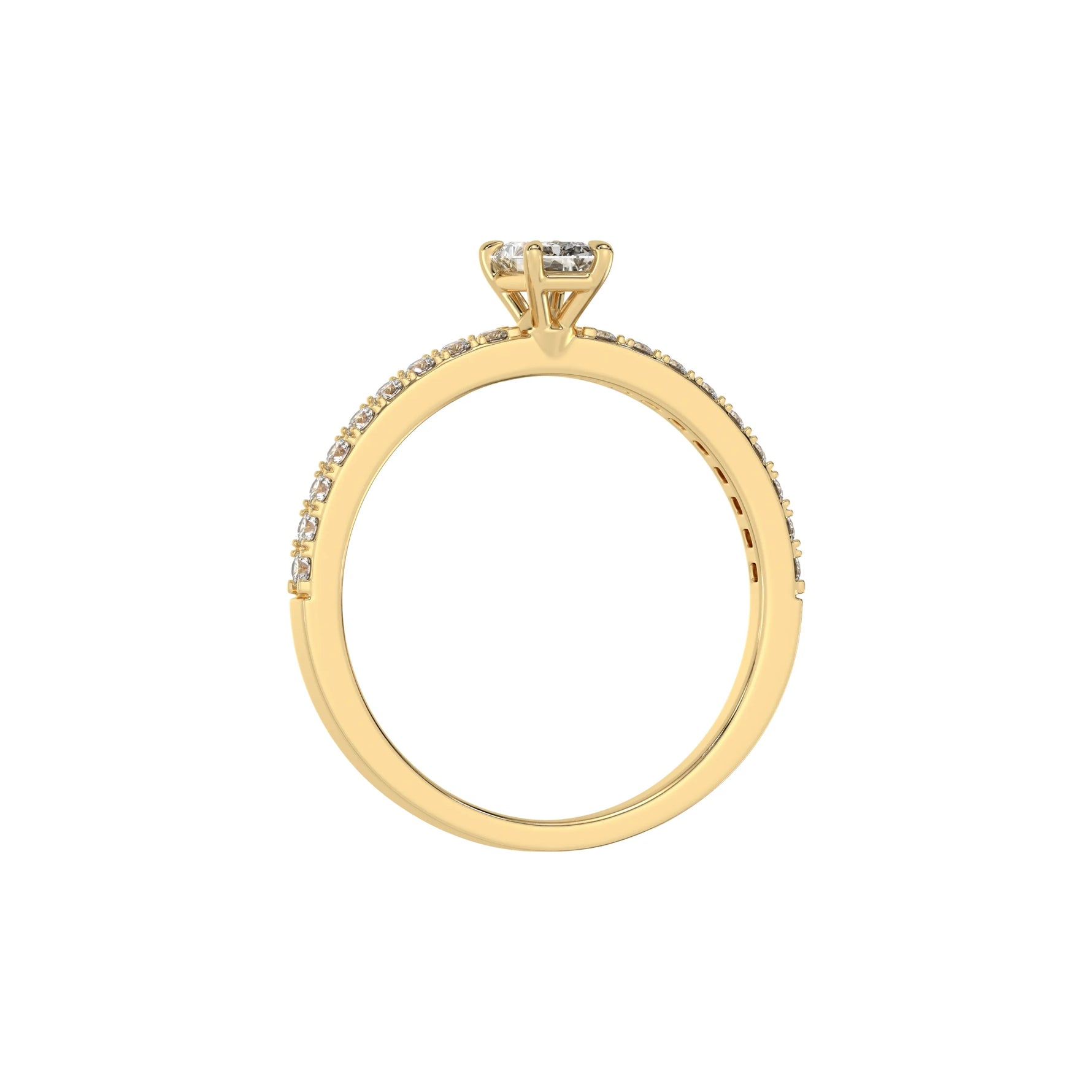 This yellow gold ring displayed in through finger view is made with a radiant solitaire diamond set in four-prong setting