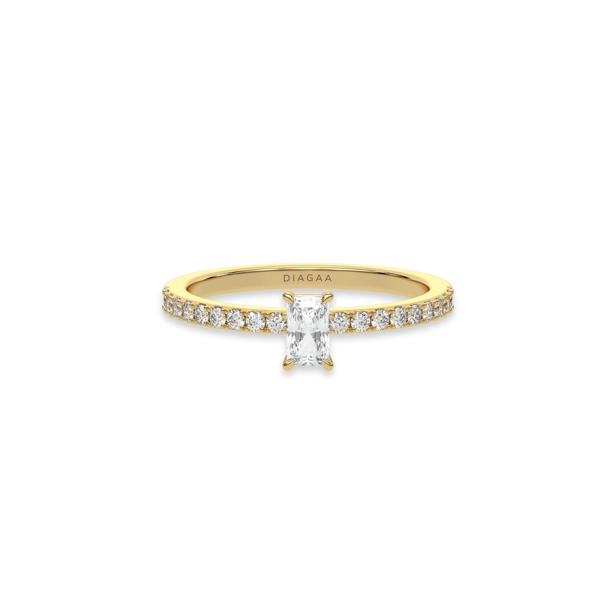 This yellow gold ring displayed in front view is made with a radiant solitaire diamond set in four-prong setting