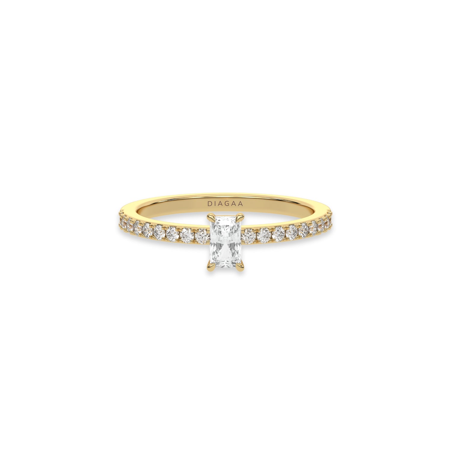 This yellow gold ring displayed in front view is made with a radiant solitaire diamond set in four-prong setting