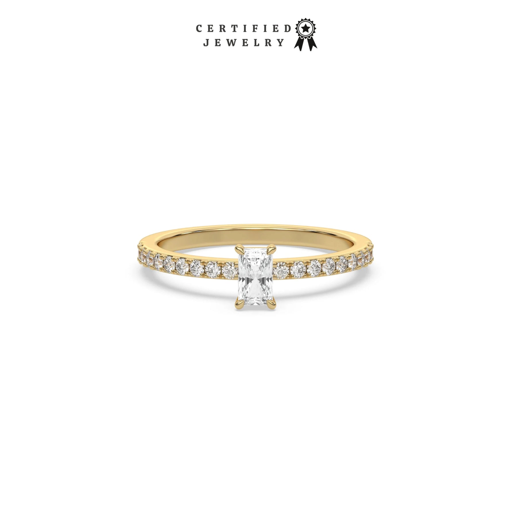 This yellow gold ring displayed in front view is made with a radiant solitaire diamond set in four-prong setting