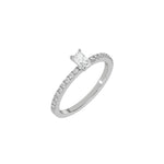 This white gold ring displayed in 3d view is made with a radiant solitaire diamond set in four-prong setting