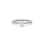 This white gold ring displayed in front view is made with a radiant solitaire diamond set in four-prong setting