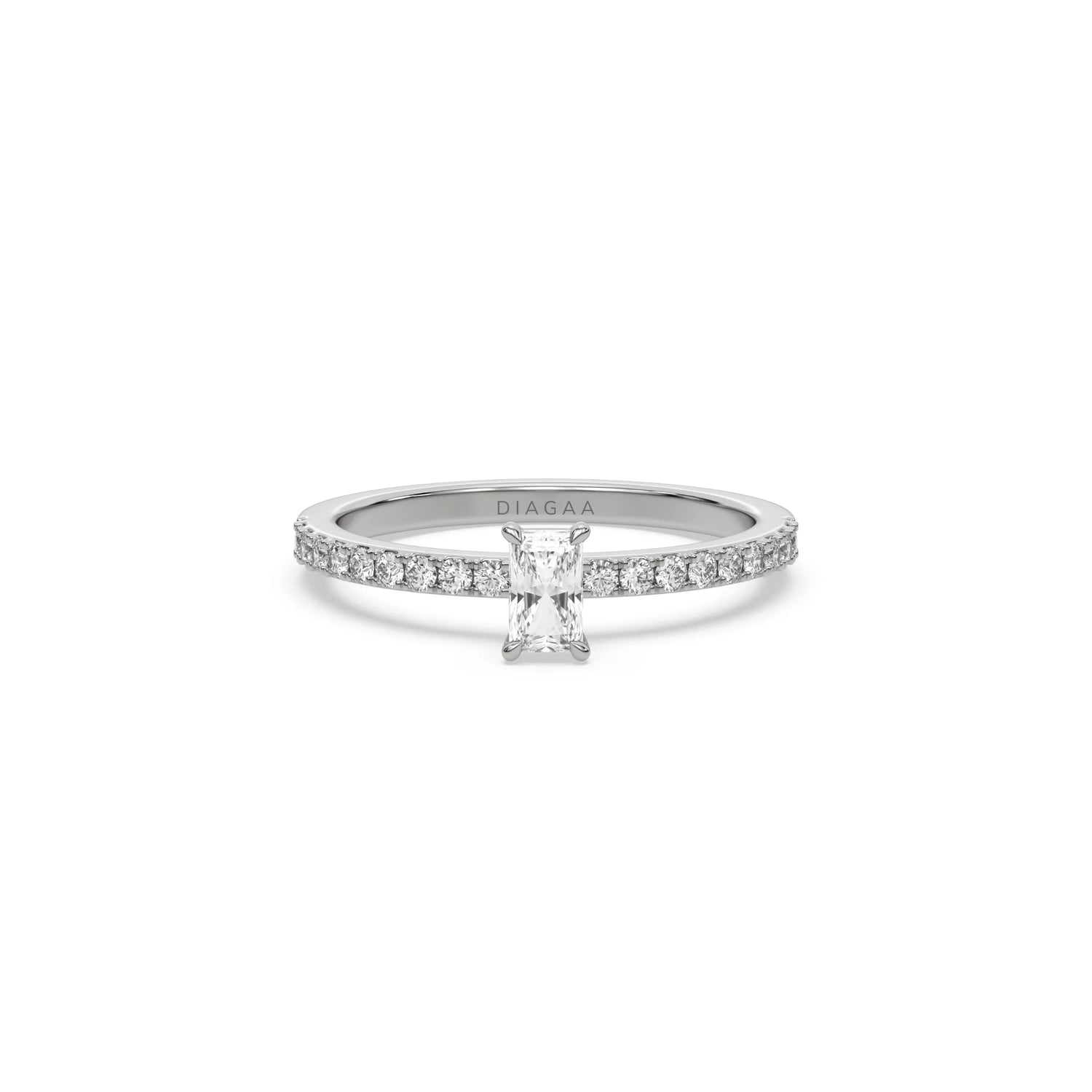 This white gold ring displayed in front view is made with a radiant solitaire diamond set in four-prong setting