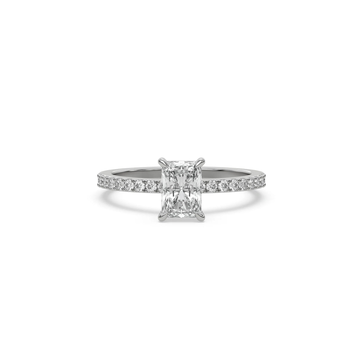 This white gold ring displayed in front view is made with a radiant solitaire diamond set in four-prong setting