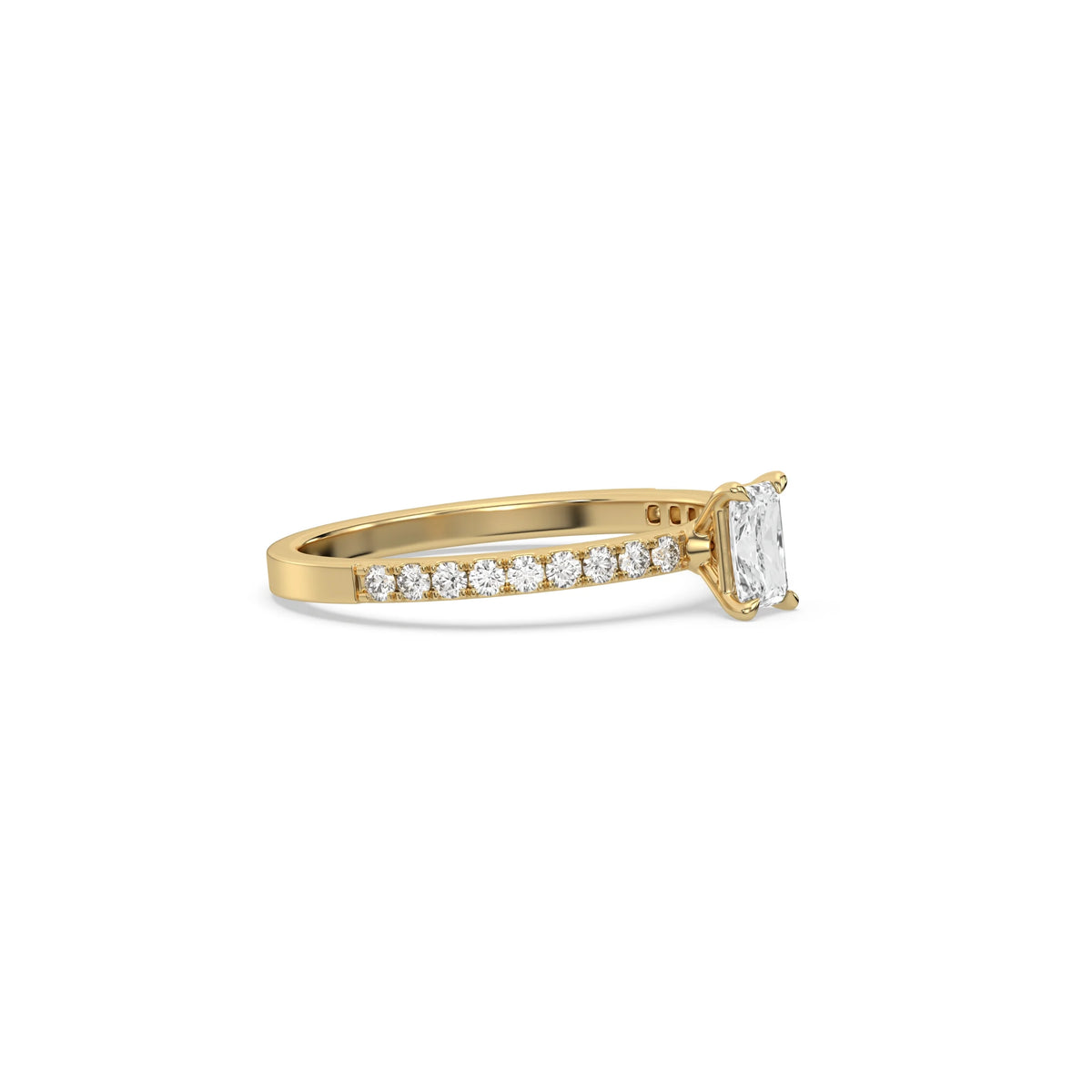 This yellow gold ring displayed in side view is made with a radiant solitaire diamond set in four-prong setting