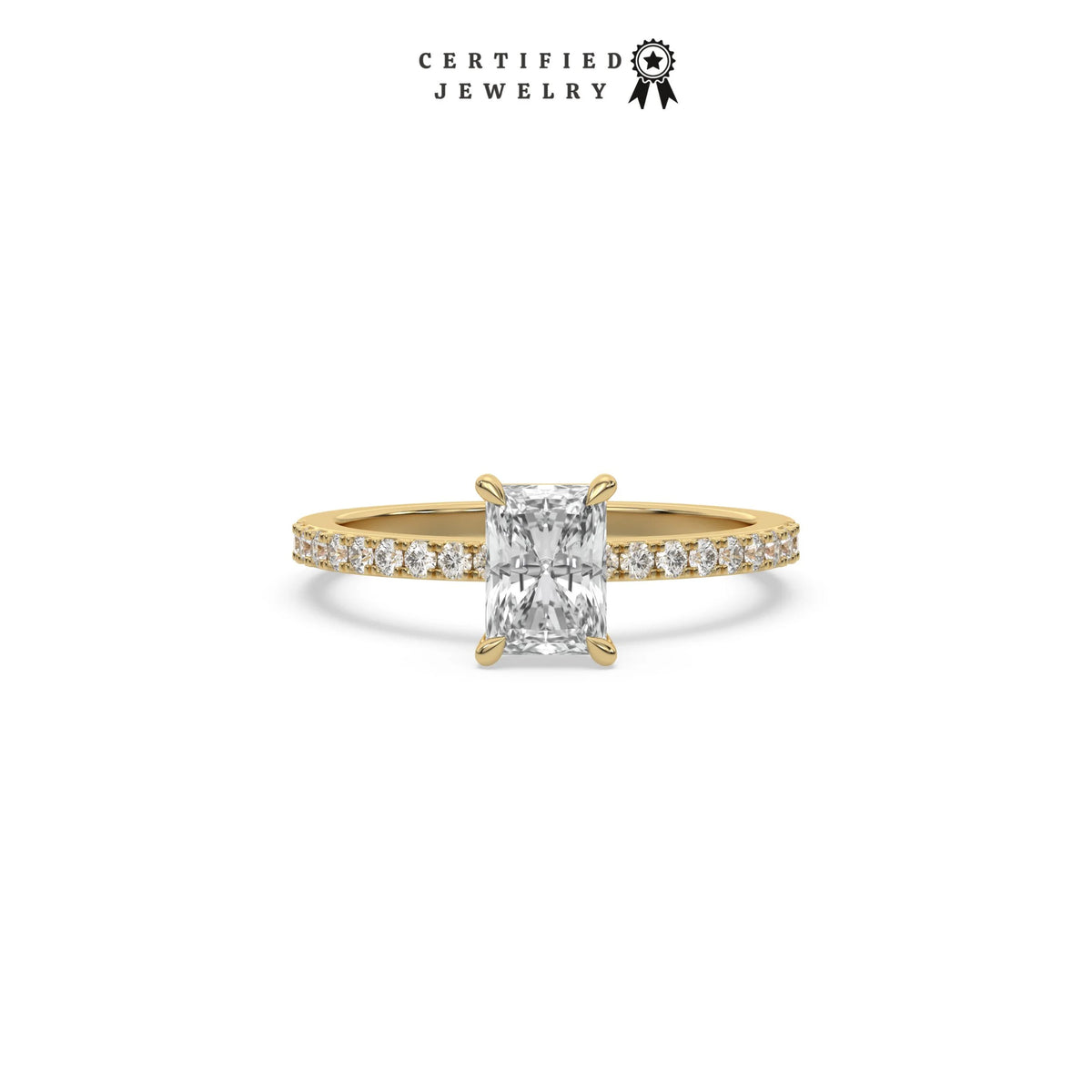 This yellow gold ring displayed in front view is made with a radiant solitaire diamond set in four-prong setting