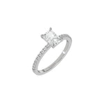 This white gold ring displayed in 3d  view is made with a radiant solitaire diamond set in four-prong setting