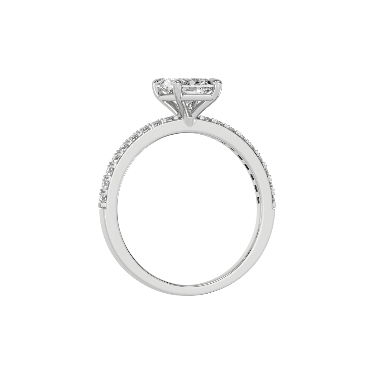 This white gold ring displayed in through finger view is made with a radiant solitaire diamond set in four-prong setting