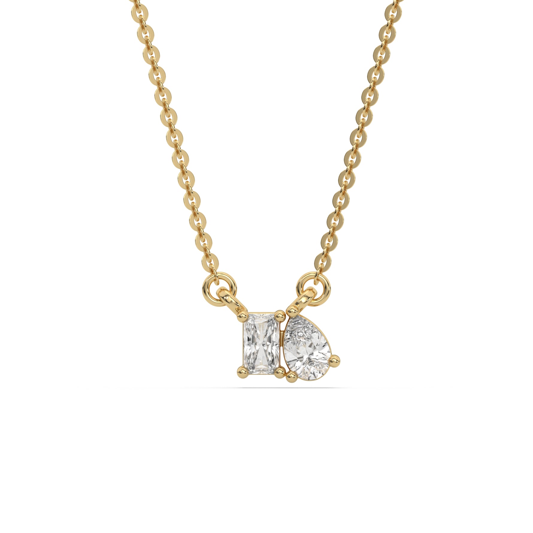 This yellow gold Cluster Diamond Necklace made with radiant and pear diamonds, positioned right next to each other and securely set in prong setting in top view