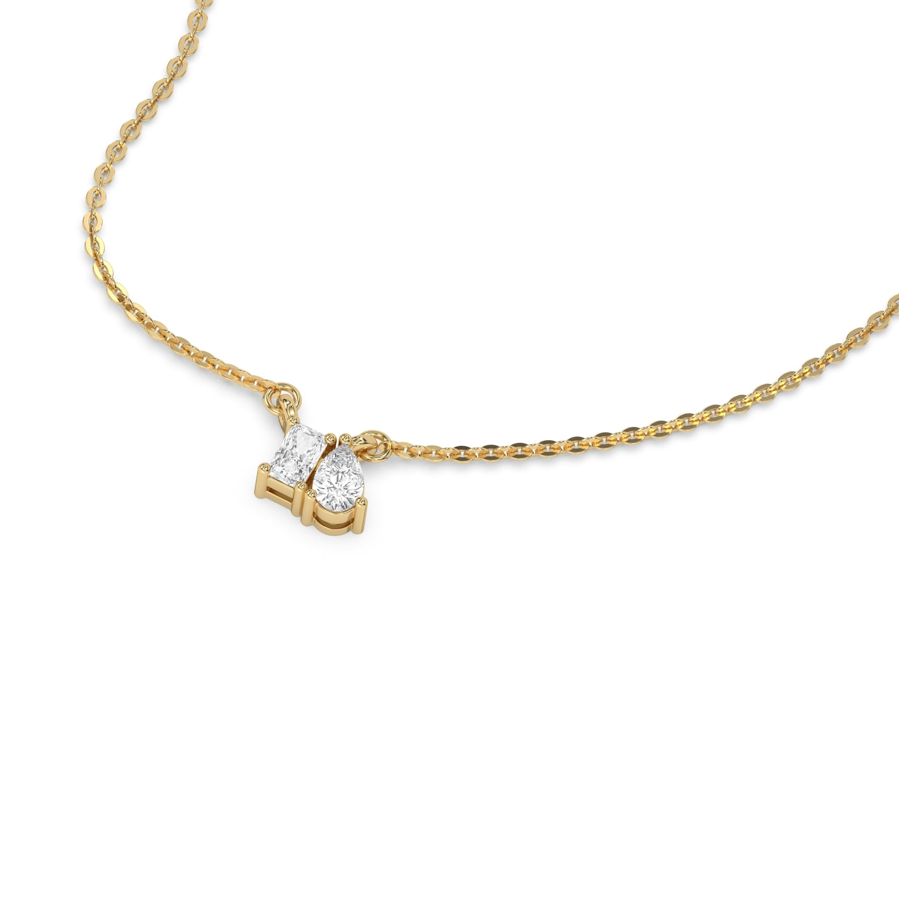 This yellow gold Cluster Diamond Necklace made with radiant and pear diamonds, positioned right next to each other and securely set in prong setting in 3d view