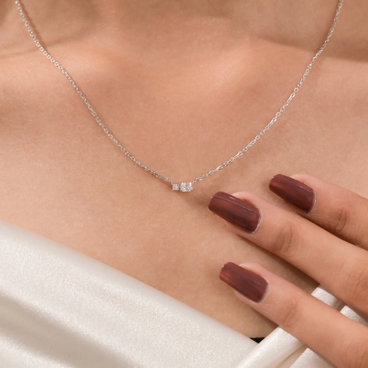 18K White Gold Radiant and Round Diamond Cluster Necklace