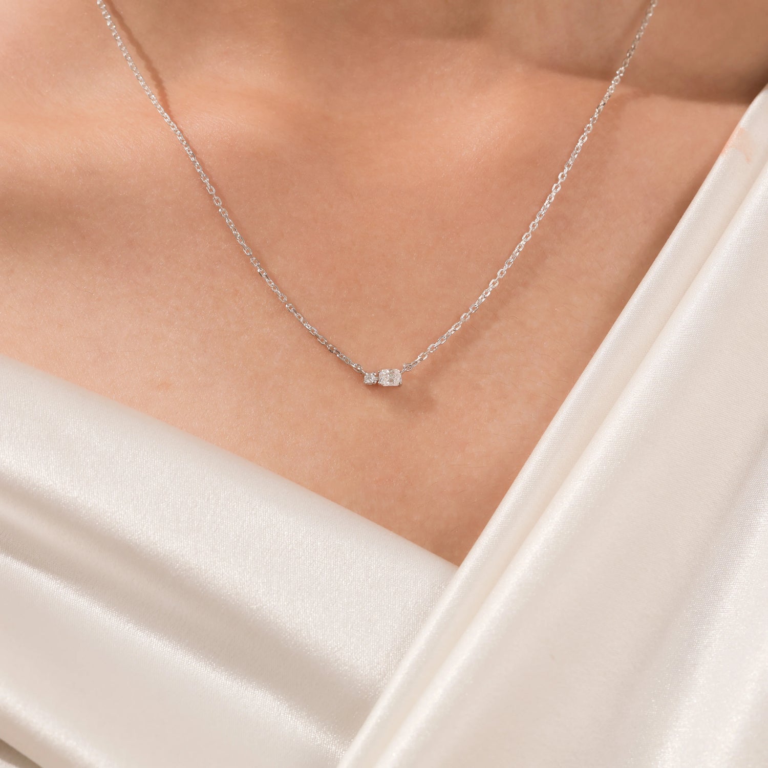 18K White Gold Radiant and Round Diamond Cluster Necklace