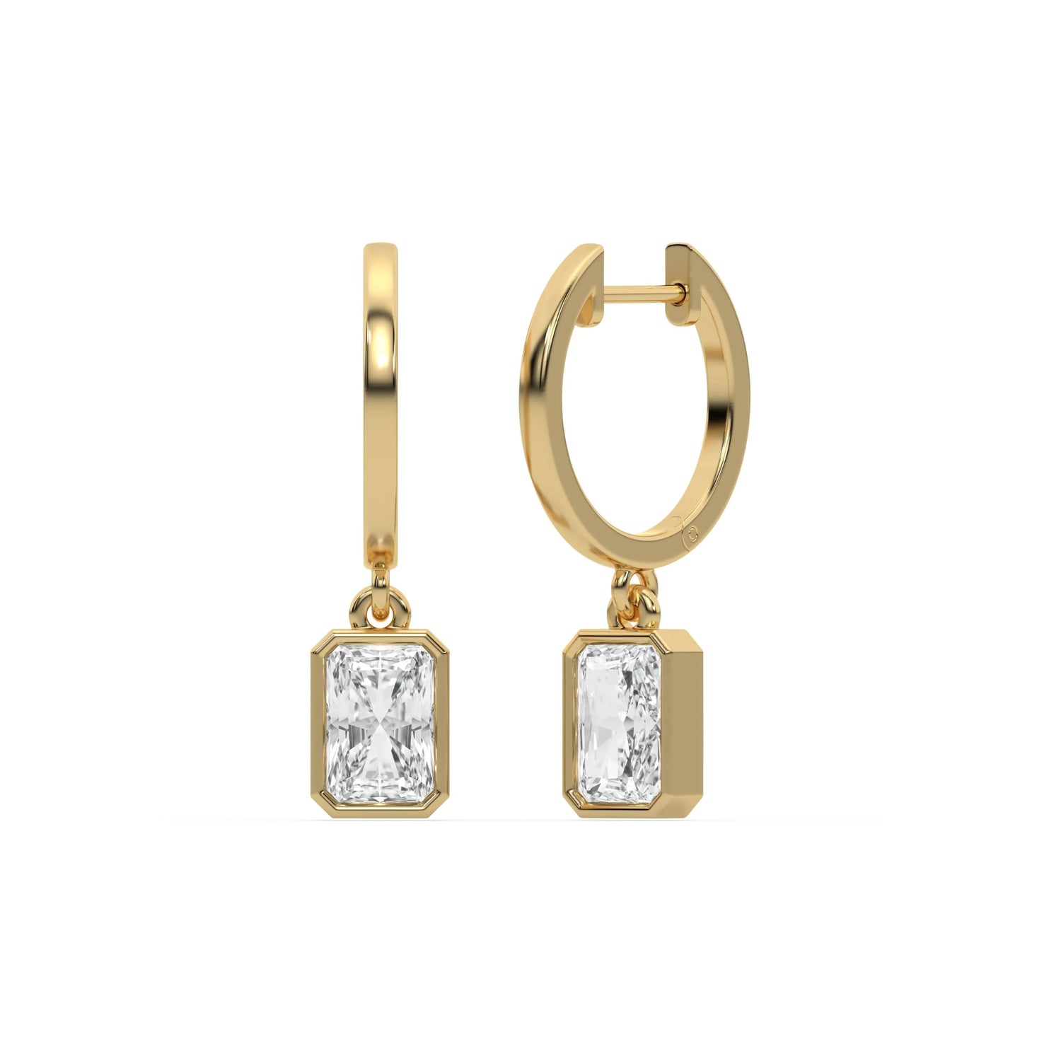18k yellow gold radiant cut diamond dangling hoop earrings set in bezel setting