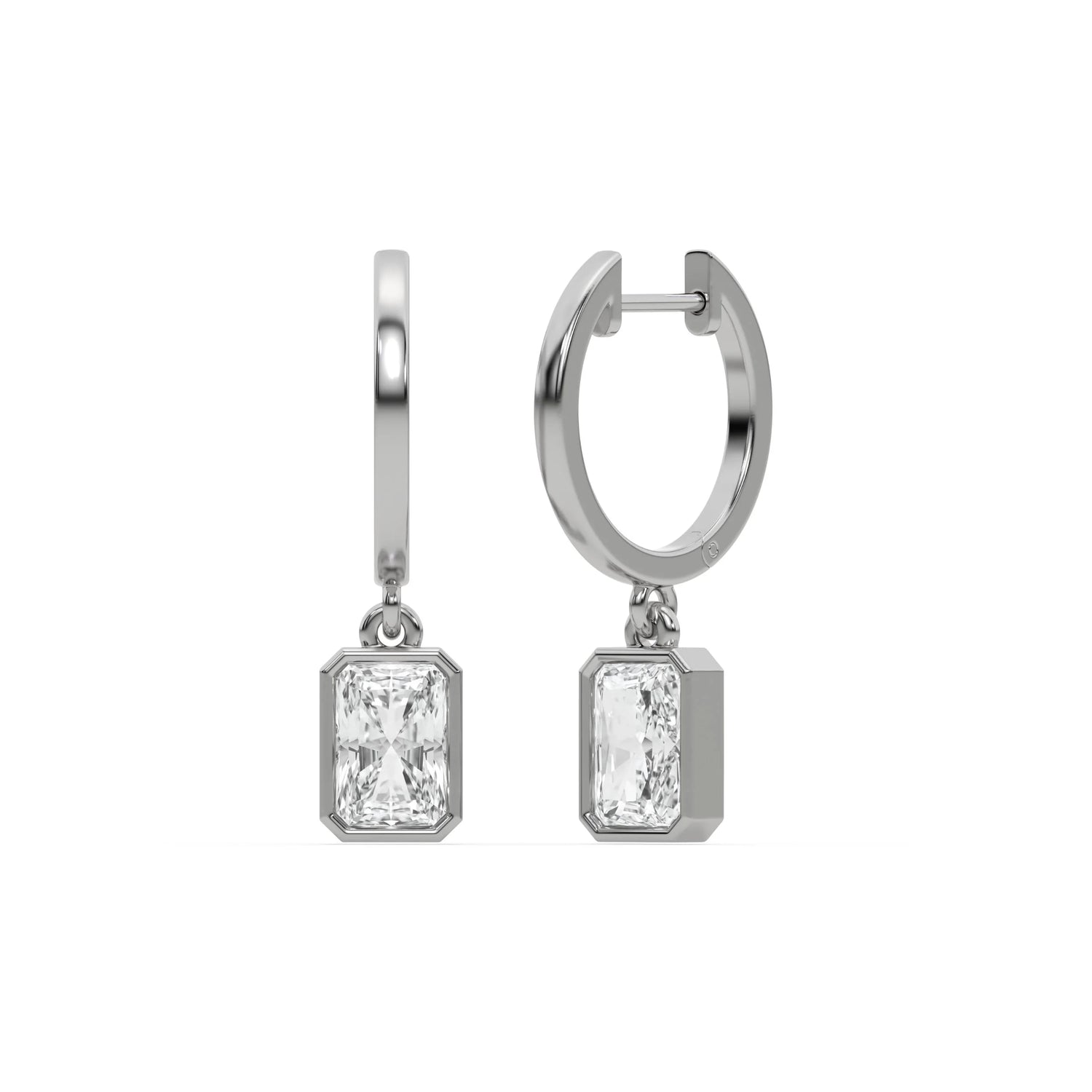 18k white gold radiant cut diamond dangling hoop earrings set in prongs setting