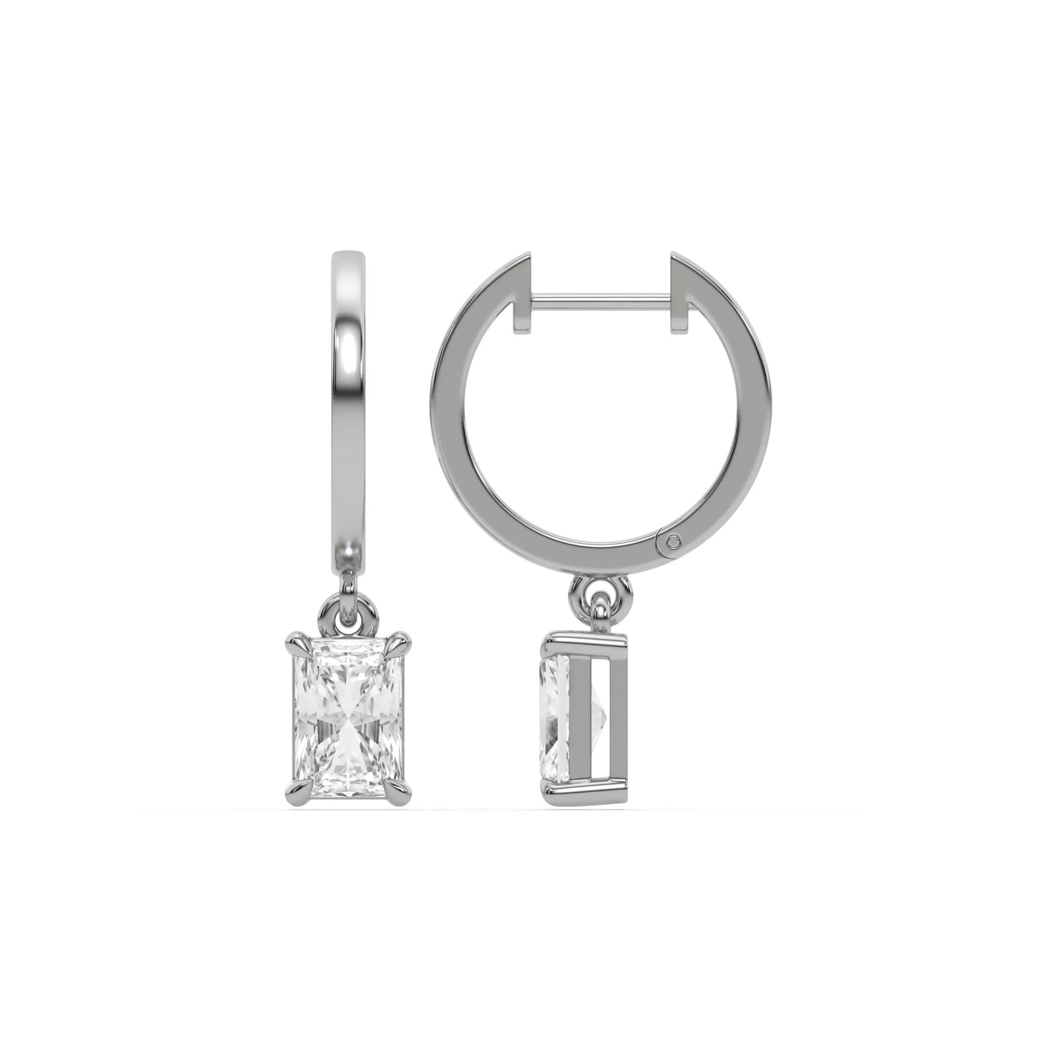 18k white gold radiant cut diamond dangling hoop earrings set in prongs setting