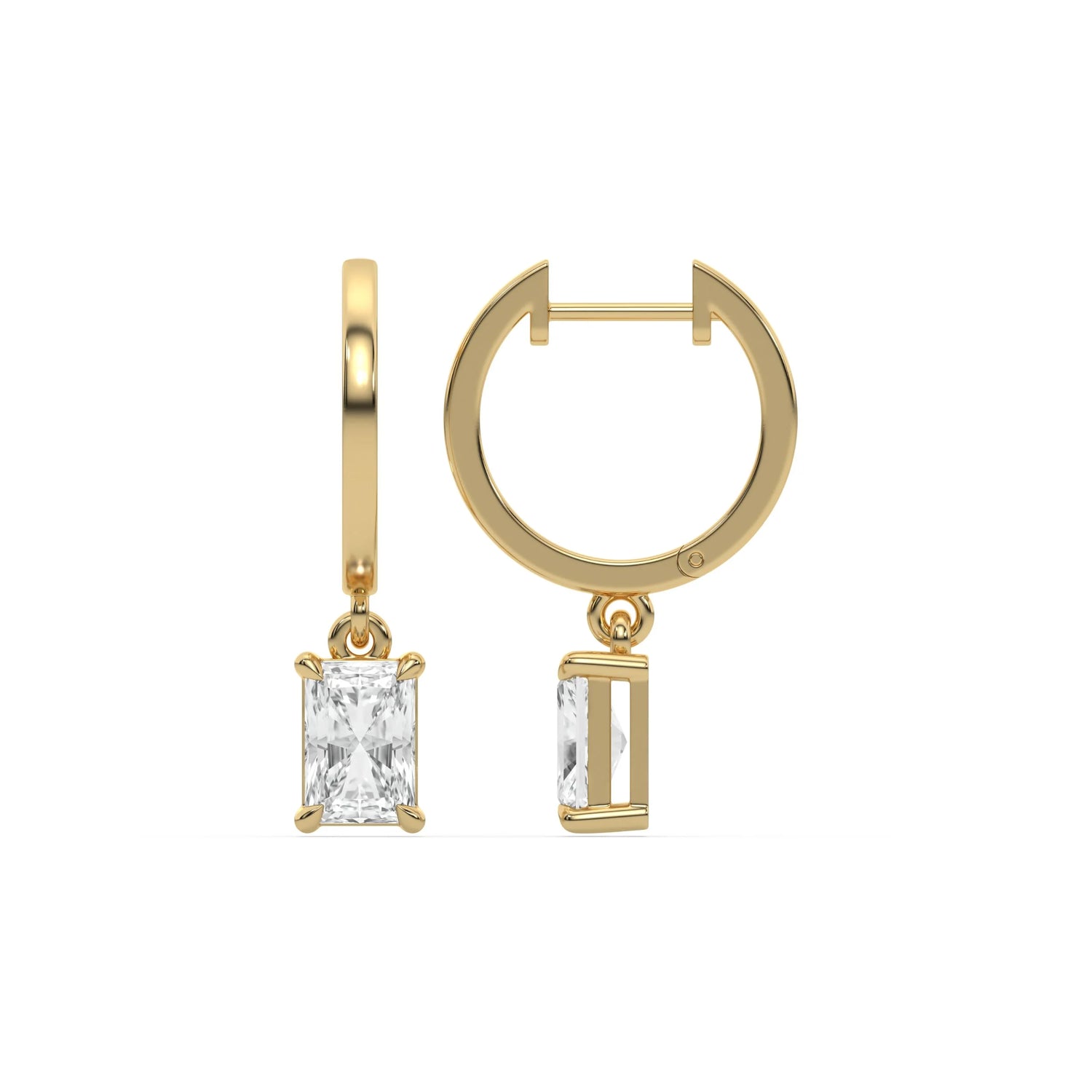 18k white gold radiant cut diamond dangling hoop earrings set in prongs setting