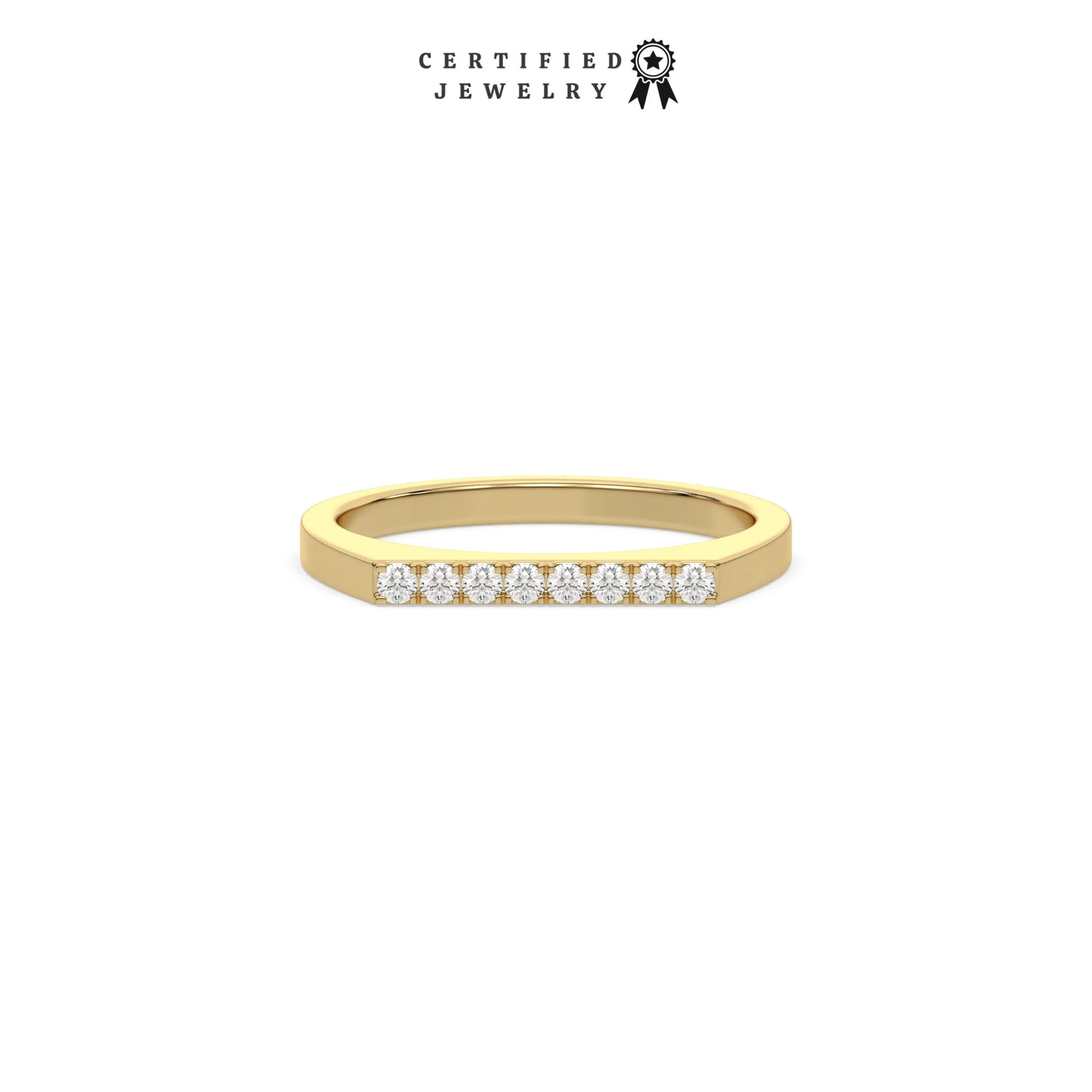 This yellow gold ring displayed in front view is made with brilliant cut round diamonds and set in a beautiful micro pave setting