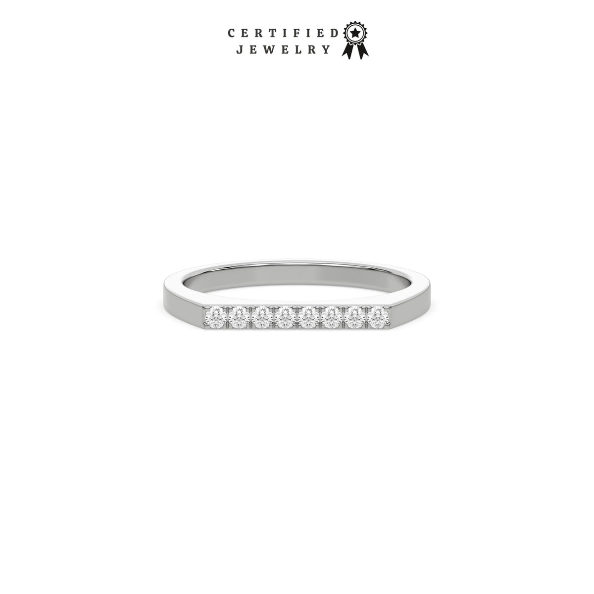 This white gold ring displayed in front view is made with brilliant cut round diamonds and set in a beautiful micro pave setting