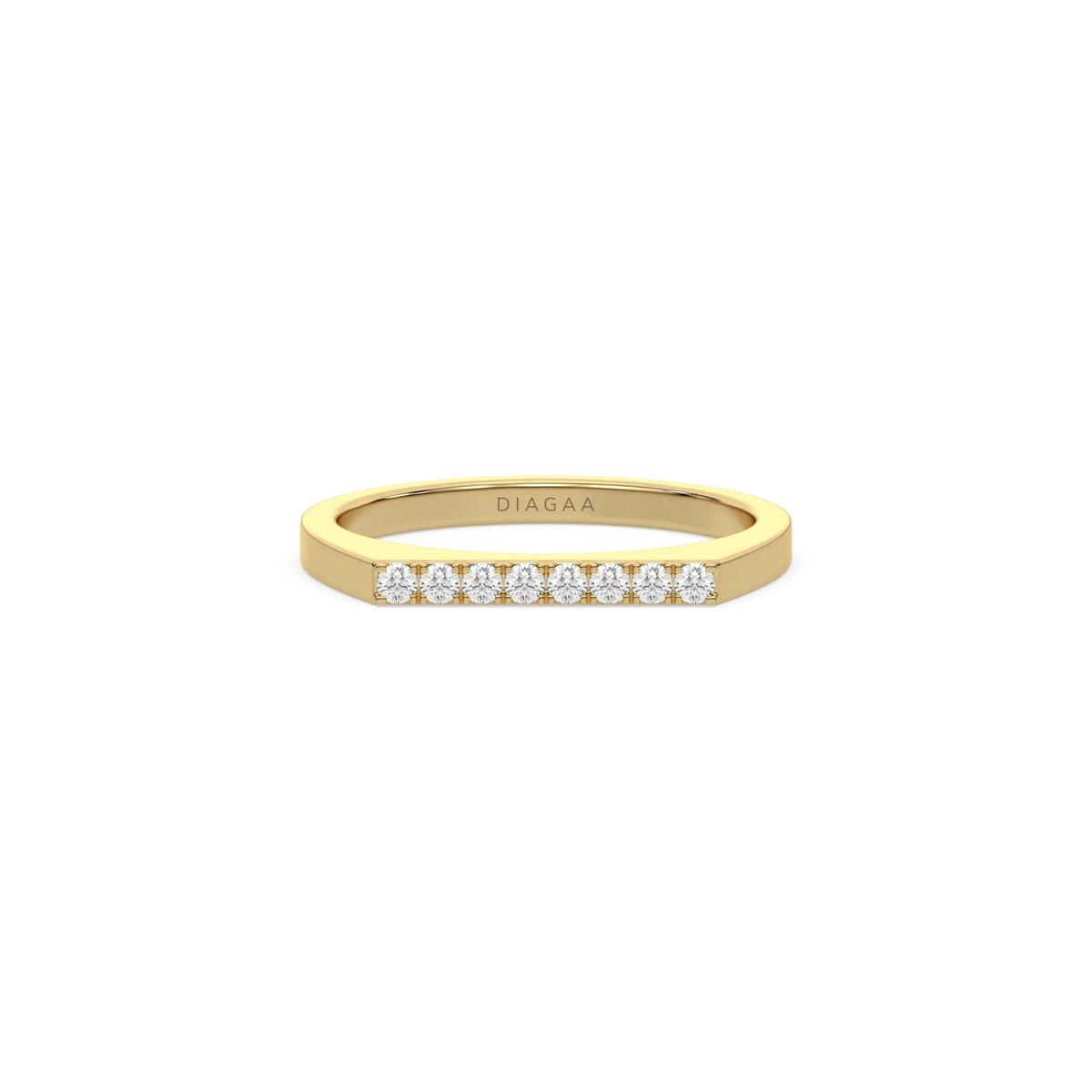 This yellow gold ring displayed in front view is made with brilliant cut round diamonds and set in a beautiful micro pave setting