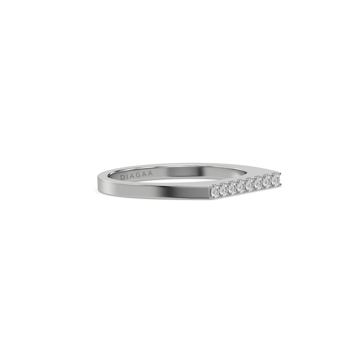 This white gold ring displayed in side view is made with brilliant cut round diamonds and set in a beautiful micro pave setting