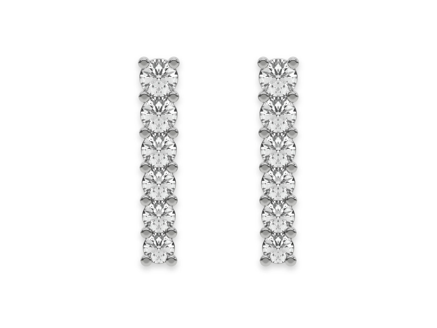 18k White gold round cut diamond bar stud earrings set in prong setting.