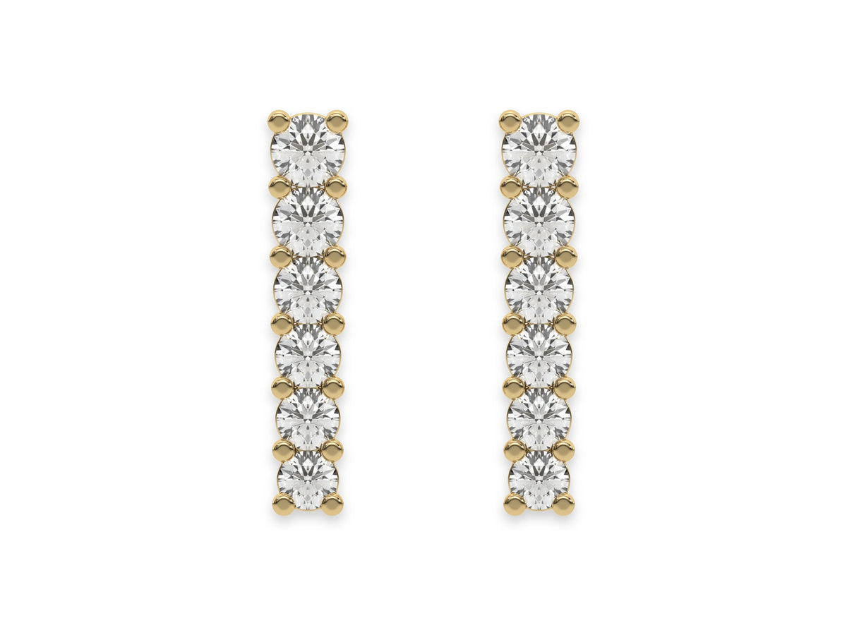 18k yellow gold round cut diamond bar stud earrings set in prong setting.
