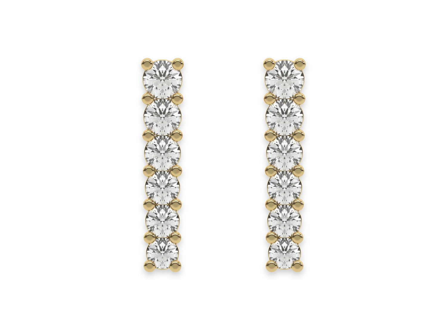 18k yellow gold round cut diamond bar stud earrings set in prong setting.