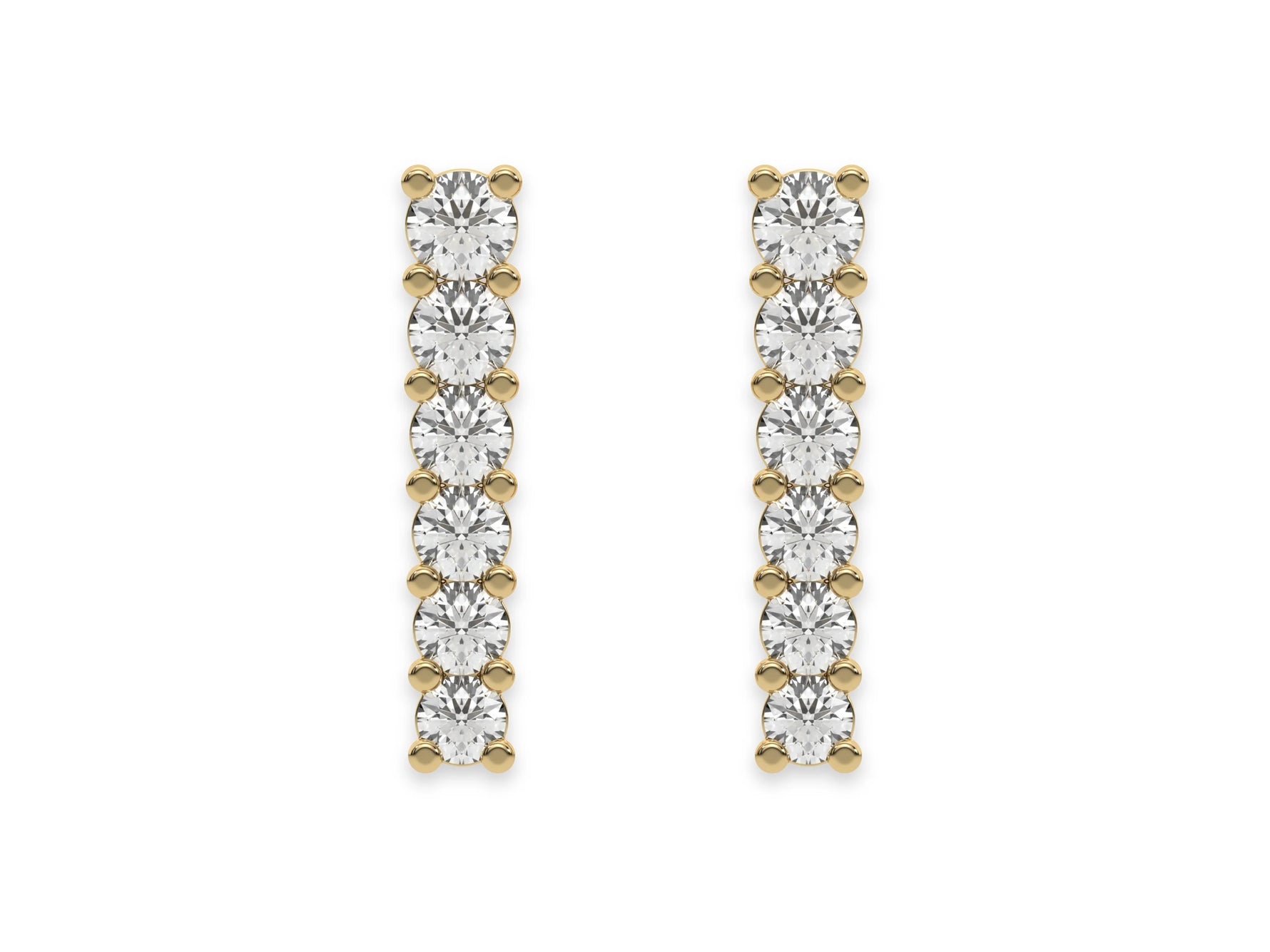 18k yellow gold round cut diamond bar stud earrings set in prong setting.