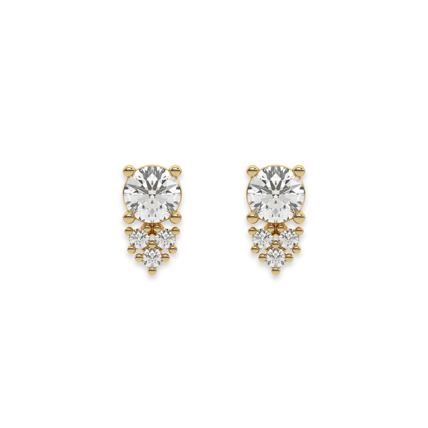 This yellow gold Cluster Diamond Studs made with round brilliant-cut diamonds. The unique arrangement of diamonds forms a unique cluster design and all set in a prong setting in top view