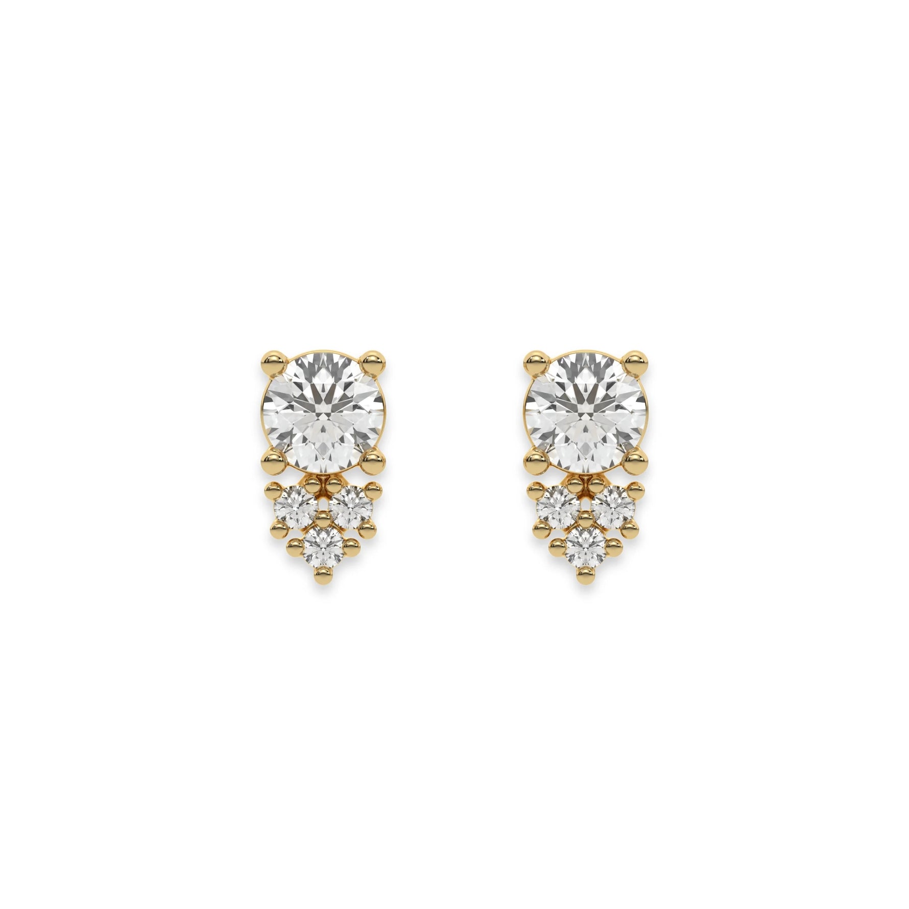 This yellow gold Cluster Diamond Studs made with round brilliant-cut diamonds. The unique arrangement of diamonds forms a unique cluster design and all set in a prong setting in top view