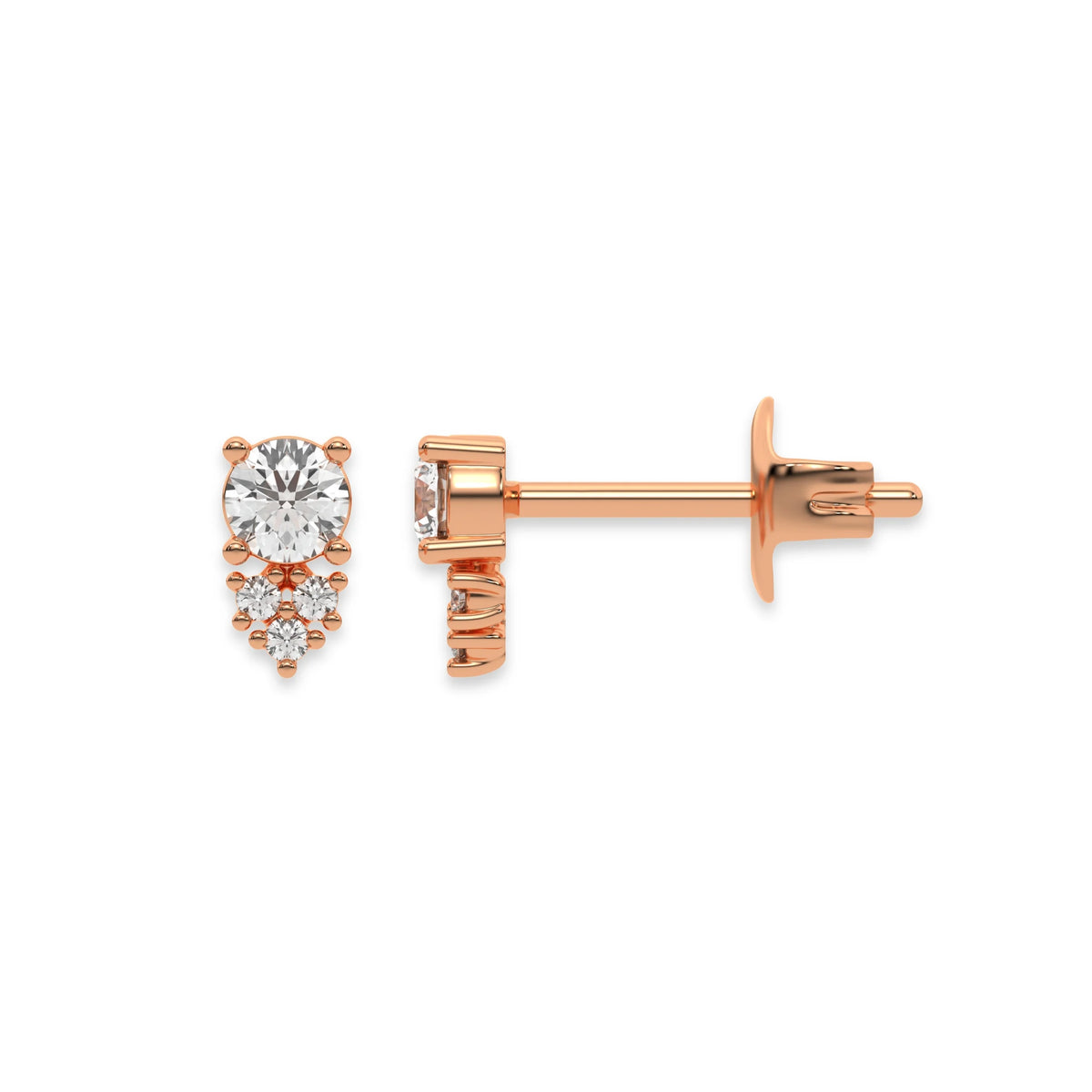 This rose gold Cluster Diamond Studs made with round brilliant-cut diamonds. The unique arrangement of diamonds forms a unique cluster design and all set in a prong setting in top view and side view