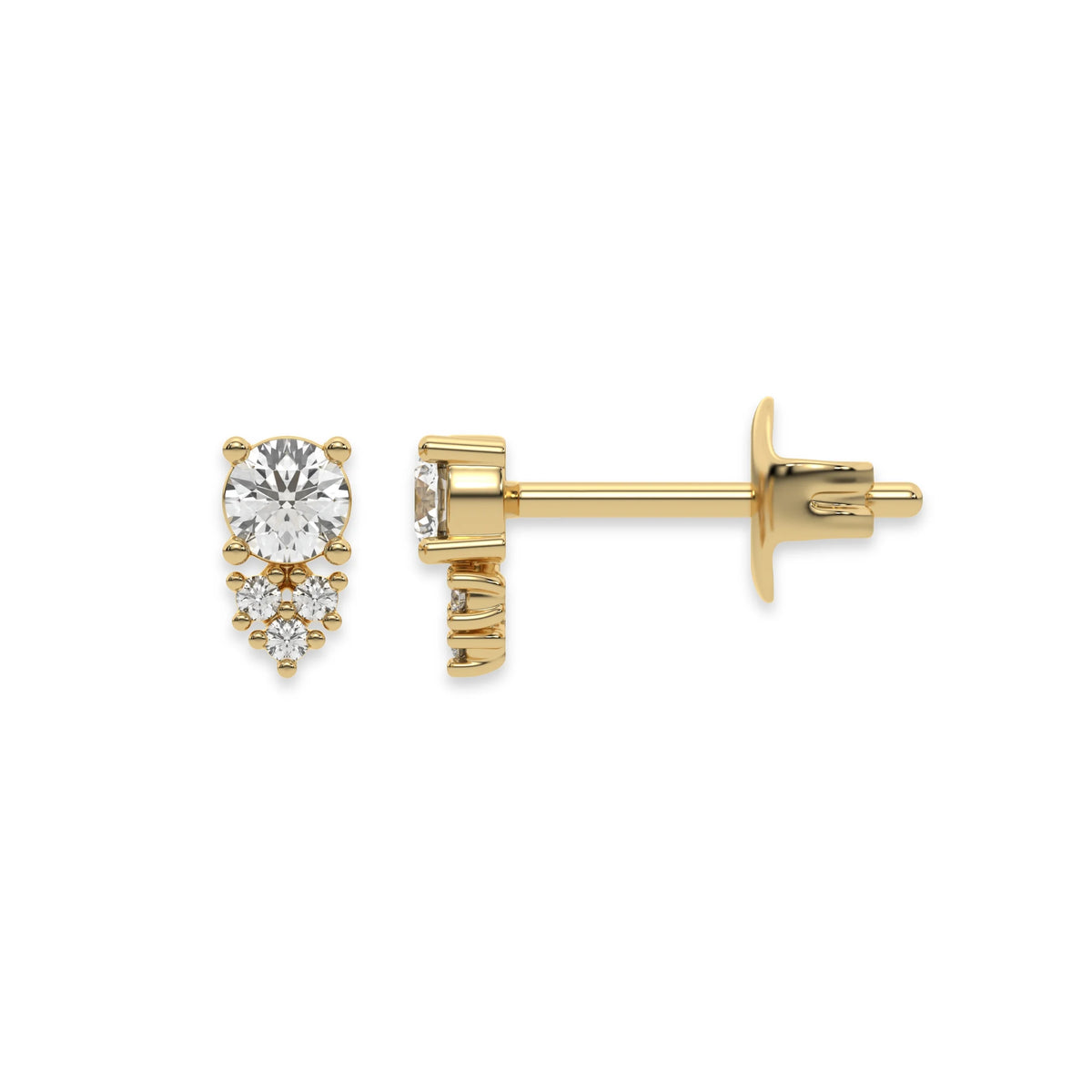 This yellow gold Cluster Diamond Studs made with round brilliant-cut diamonds. The unique arrangement of diamonds forms a unique cluster design and all set in a prong setting in top view and side view