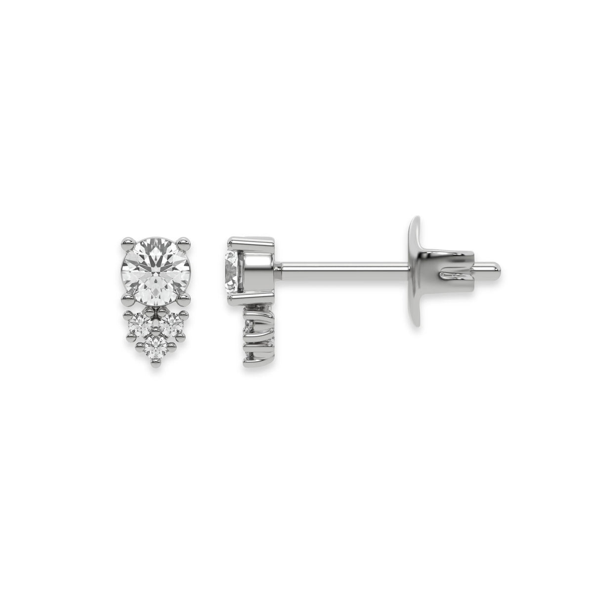 This white gold Cluster Diamond Studs made with round brilliant-cut diamonds. The unique arrangement of diamonds forms a unique cluster design and all set in a prong setting in top view and side view