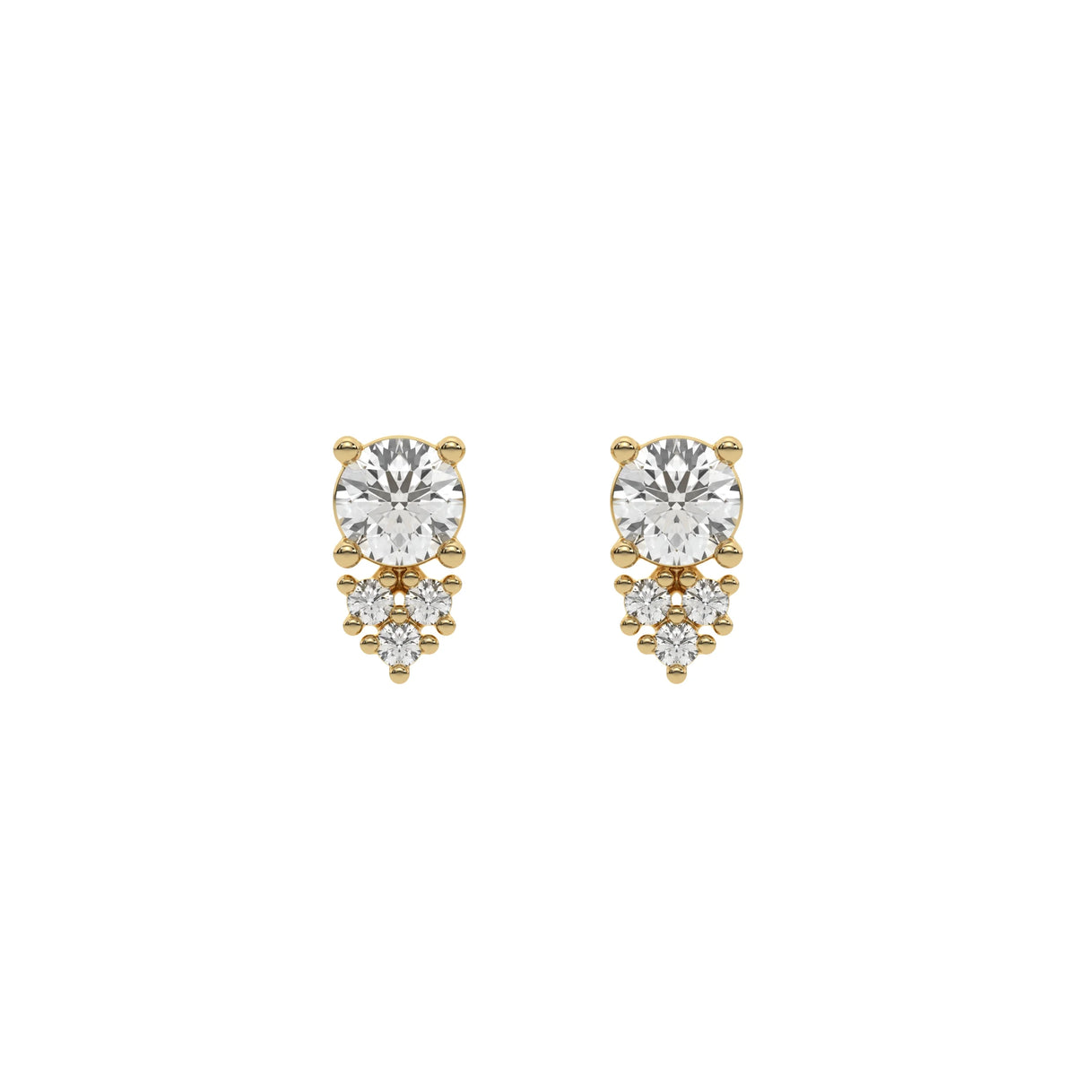 18k Yellow  gold natural round cut diamond cluster stud earrings set in prongs.