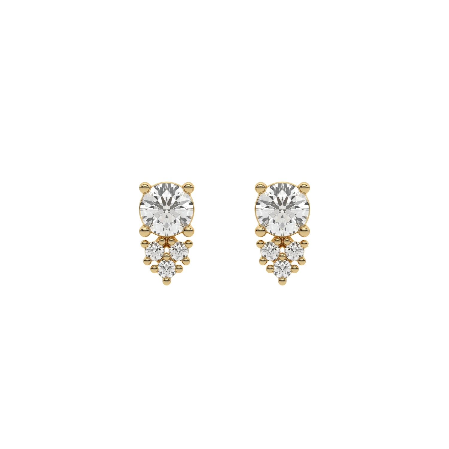 18k Yellow  gold natural round cut diamond cluster stud earrings set in prongs.