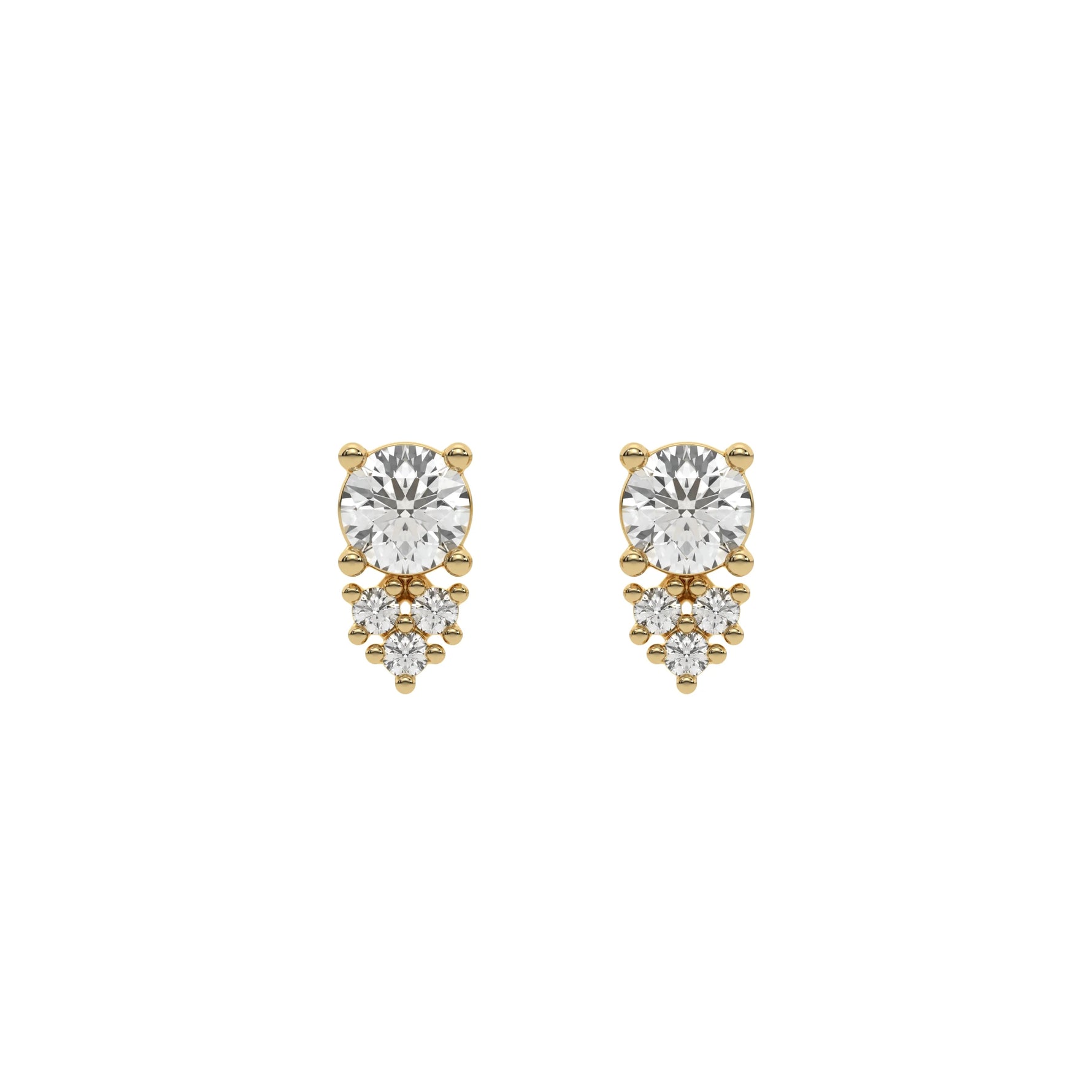 18k Yellow  gold natural round cut diamond cluster stud earrings set in prongs.