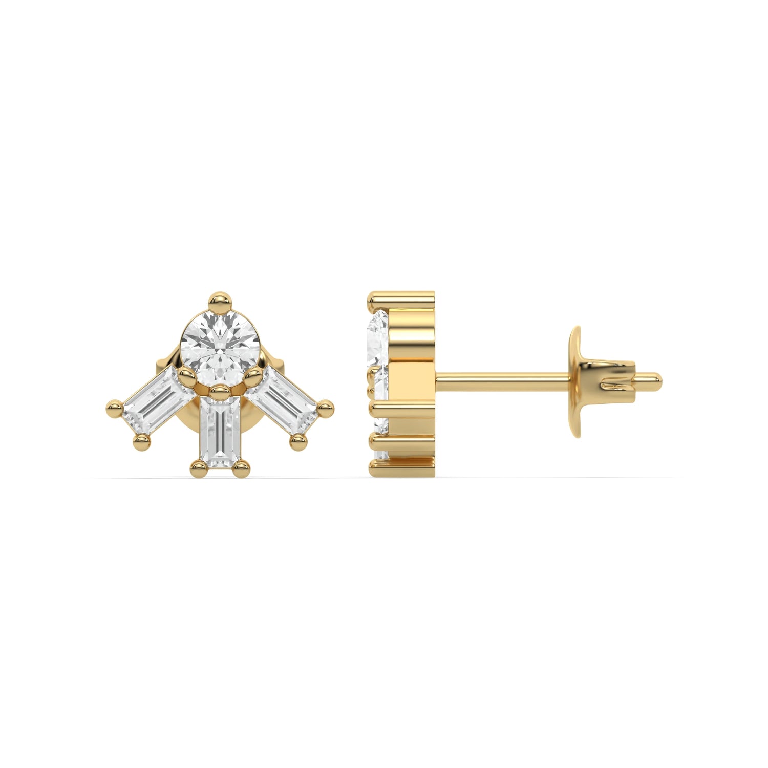 14k yellow gold natural round and baguette diamond celestial stud earrings