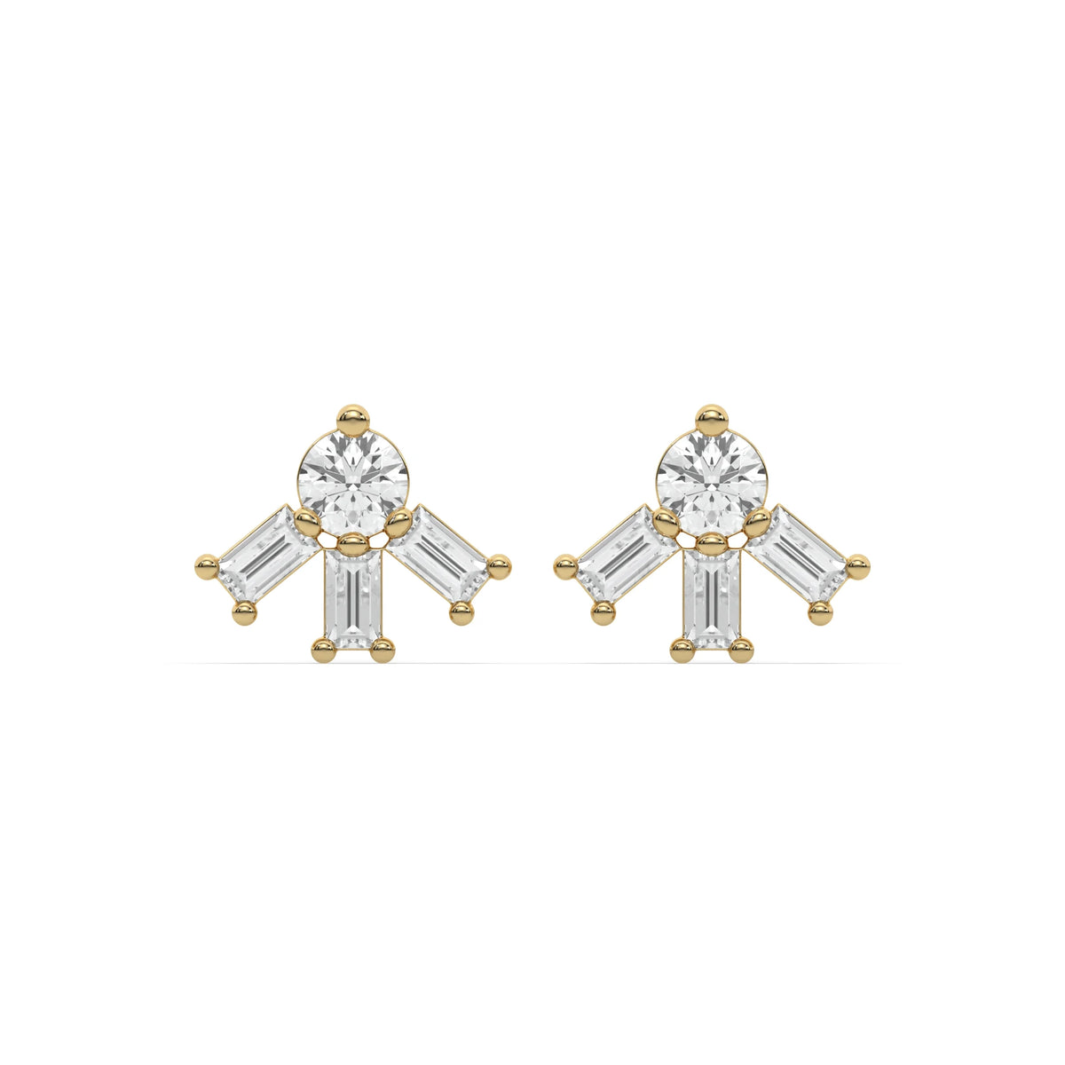 18k yellow gold natural round and baguette diamond celestial stud earrings