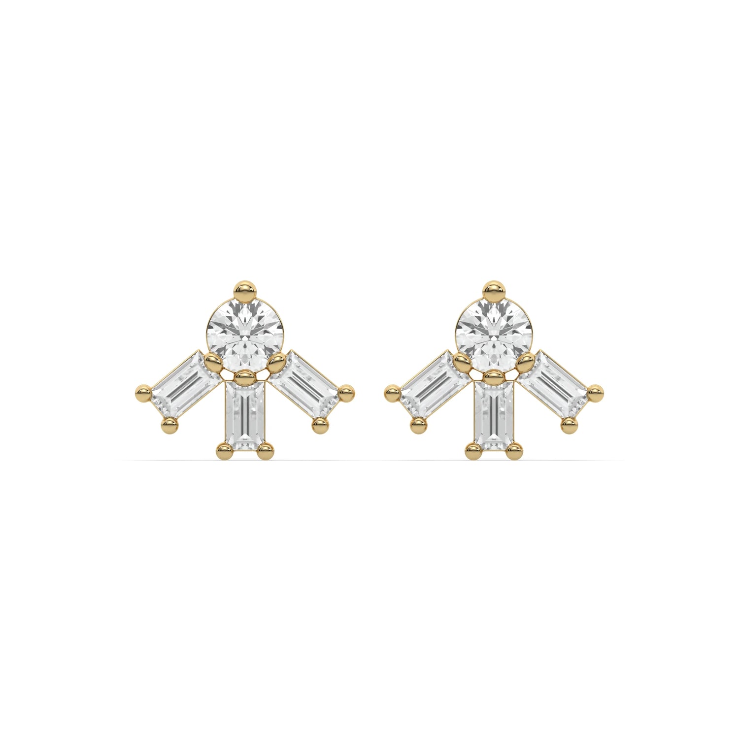 18k yellow gold natural round and baguette diamond celestial stud earrings